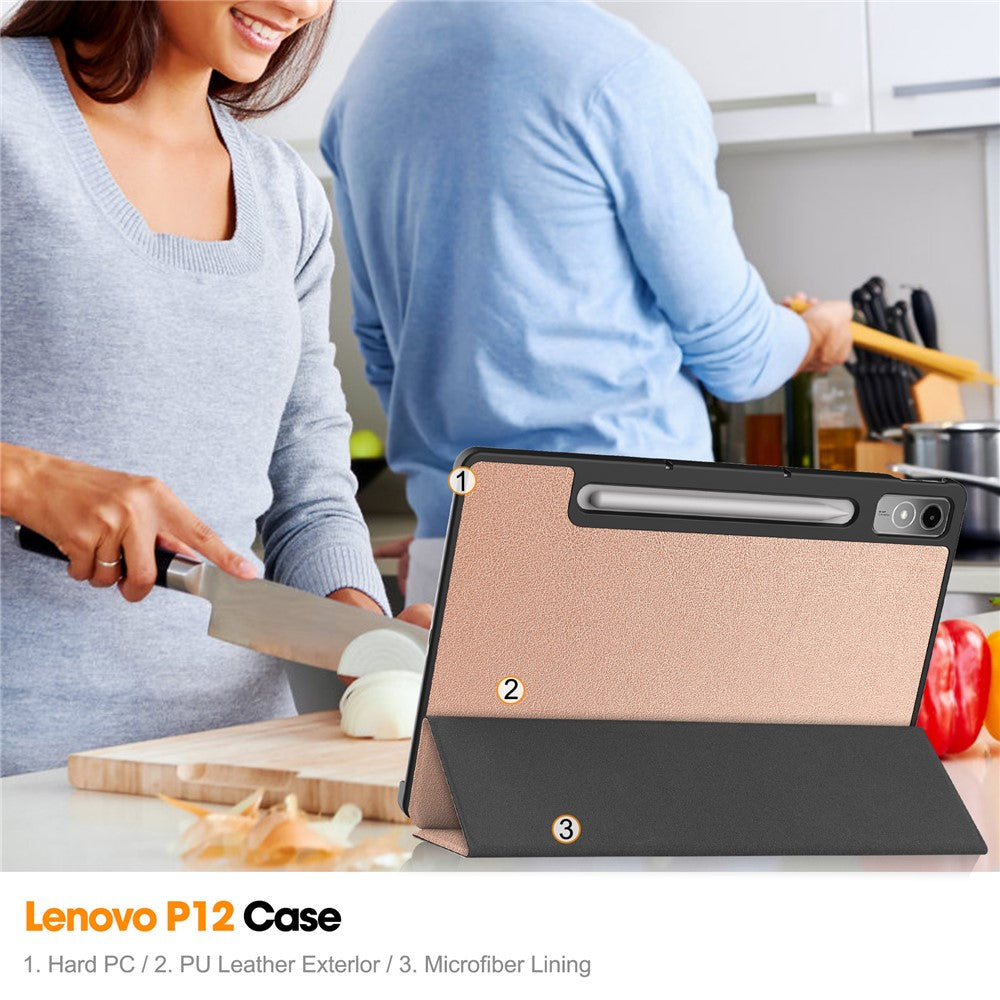 For Lenovo Tab P12 PU Leather Case Tri-fold Stand Full Protection Tablet Cover - Rose Gold