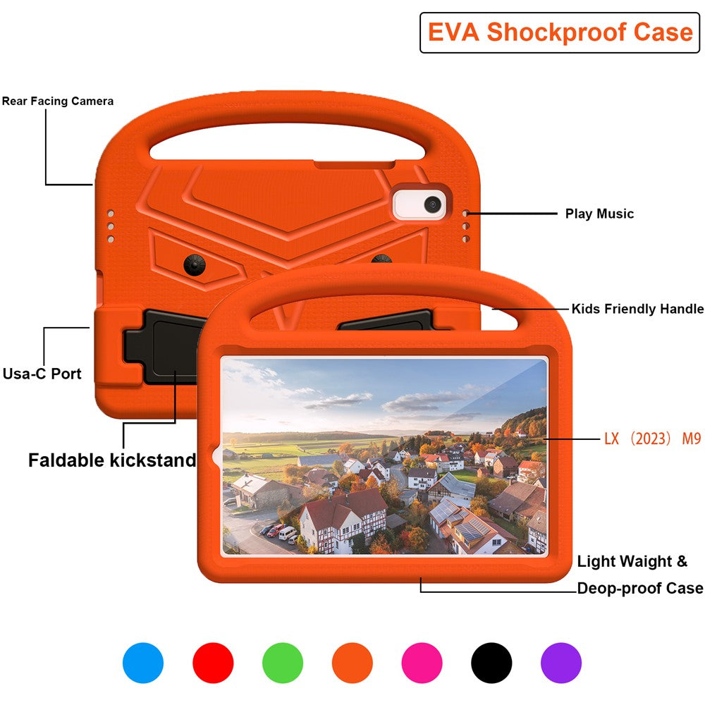 For Lenovo Tab M9 Sparrow Style EVA Case Foldable Kickstand Tablet Protective Cover with Portable Handle - Orange
