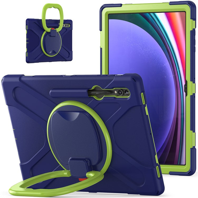 For Samsung Galaxy Tab S10 Ultra X920 / S9 Ultra X910 / S8 Ultra X900 / X906 PC+ Silicone Tablet Case Drop-Proof Rotating Kickstand Cover - Blue / Yellowgreen