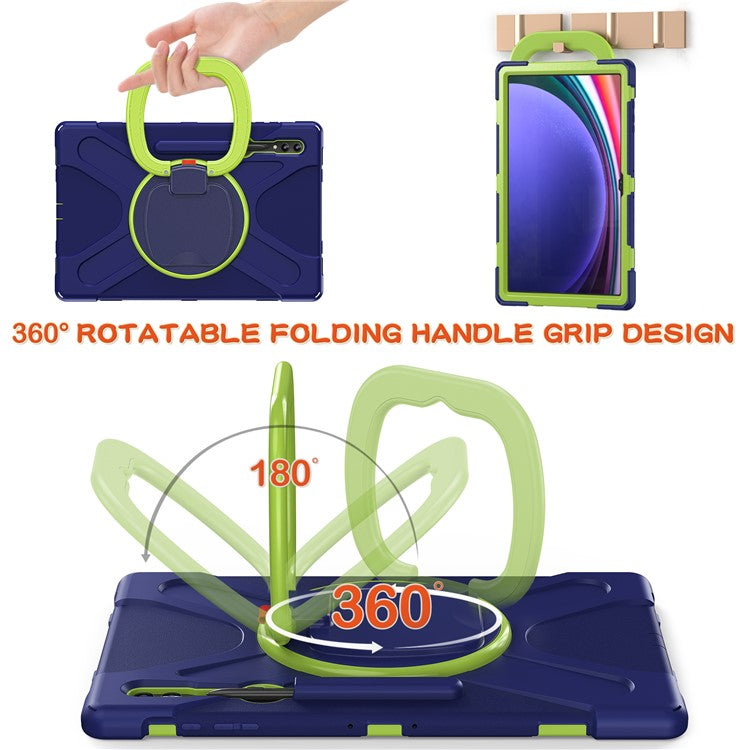 For Samsung Galaxy Tab S10 Ultra X920 / S9 Ultra X910 / S8 Ultra X900 / X906 PC+ Silicone Tablet Case Drop-Proof Rotating Kickstand Cover - Blue / Yellowgreen