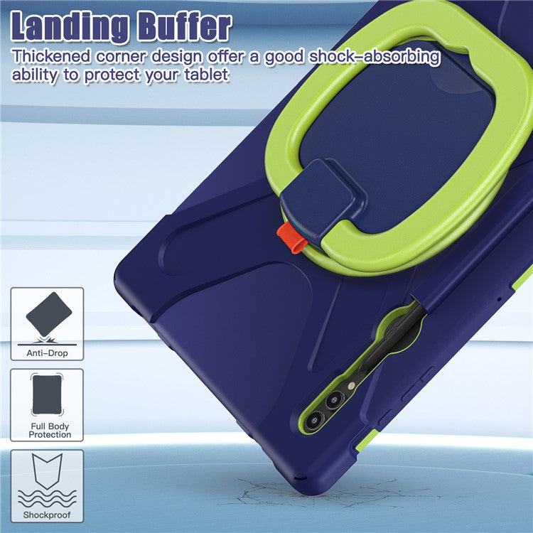 For Samsung Galaxy Tab S10 Ultra X920 / S9 Ultra X910 / S8 Ultra X900 / X906 PC+ Silicone Tablet Case Drop-Proof Rotating Kickstand Cover - Blue / Yellowgreen