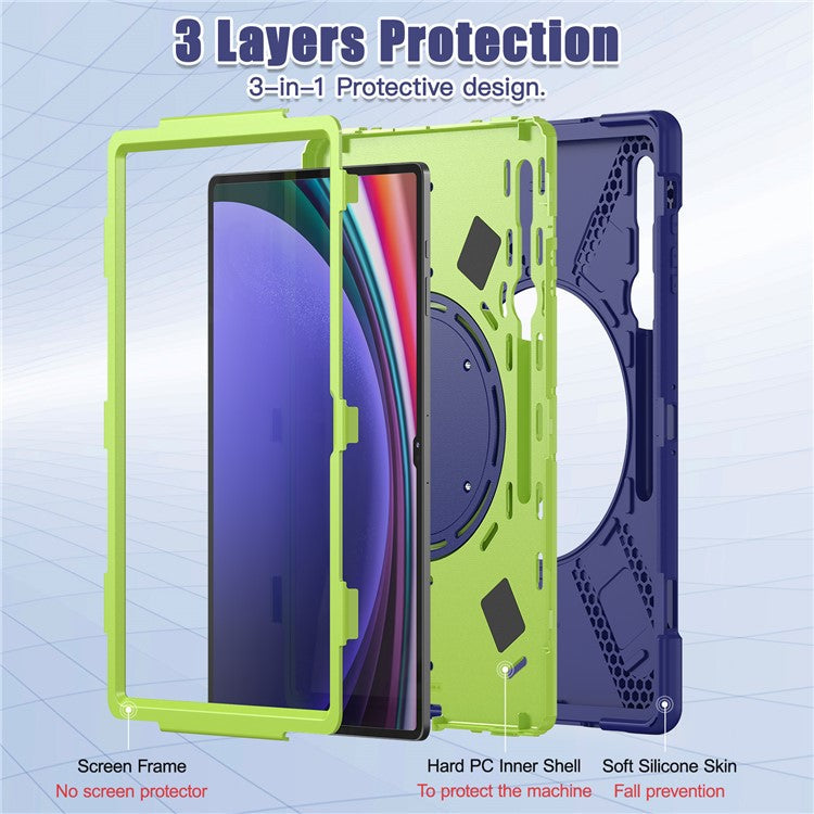 For Samsung Galaxy Tab S10 Ultra X920 / S9 Ultra X910 / S8 Ultra X900 / X906 PC+ Silicone Tablet Case Drop-Proof Rotating Kickstand Cover - Blue / Yellowgreen