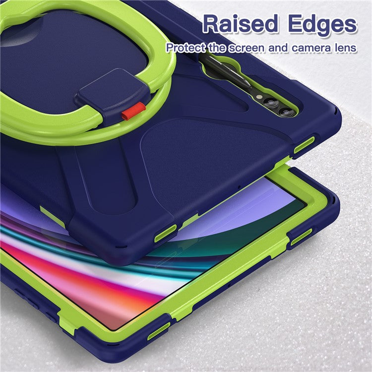For Samsung Galaxy Tab S10 Ultra X920 / S9 Ultra X910 / S8 Ultra X900 / X906 PC+ Silicone Tablet Case Drop-Proof Rotating Kickstand Cover - Blue / Yellowgreen