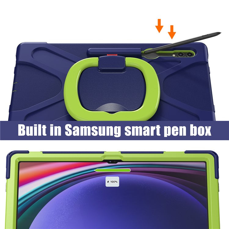 For Samsung Galaxy Tab S10 Ultra X920 / S9 Ultra X910 / S8 Ultra X900 / X906 PC+ Silicone Tablet Case Drop-Proof Rotating Kickstand Cover - Blue / Yellowgreen