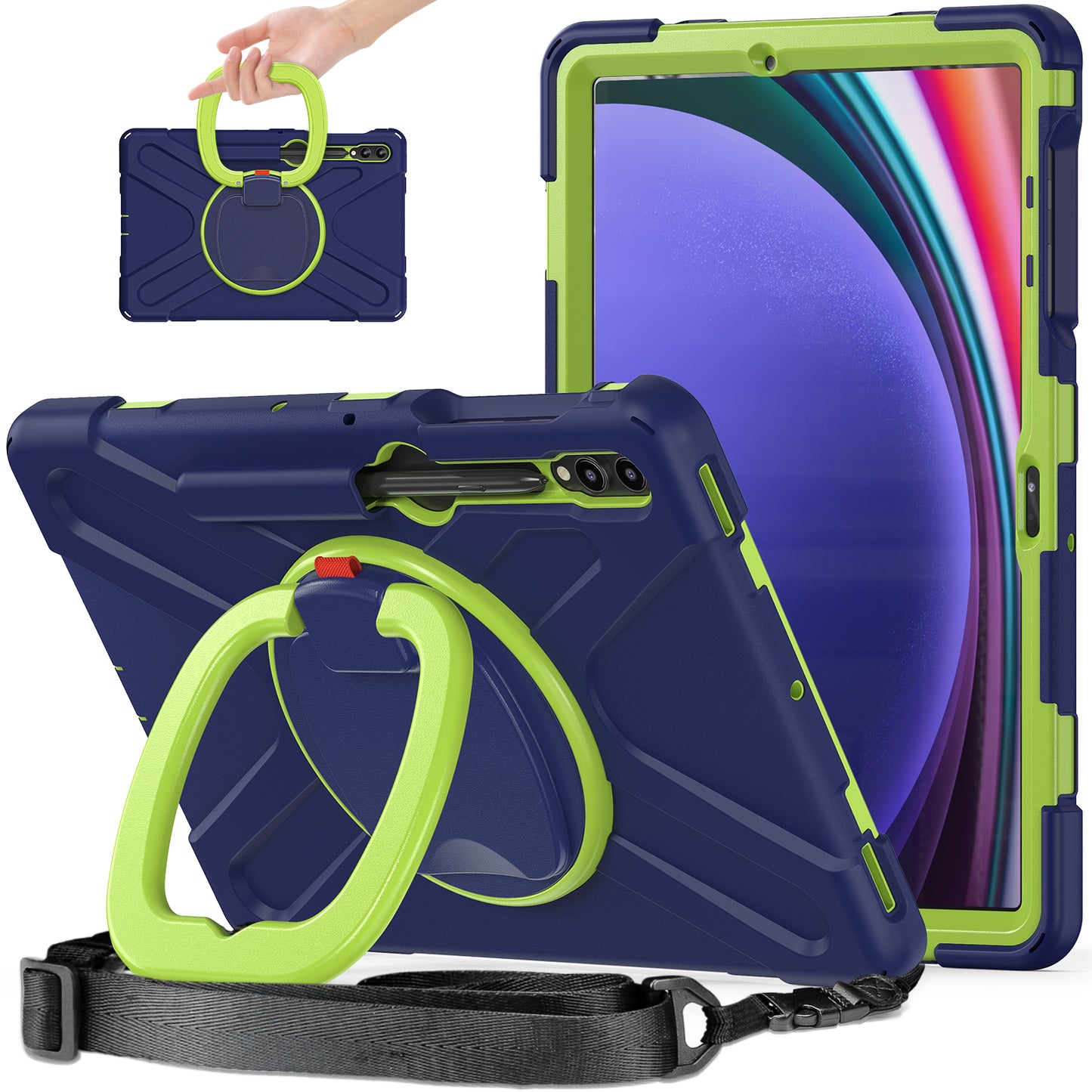 For Samsung Samsung Galaxy Tab S10+ X826 / S9 FE+ / S9+ / S8+ / S7+ Kickstand Tablet Case Shockproof PC+Silicone Cover, Shoulder Strap - Blue / Yellowgreen