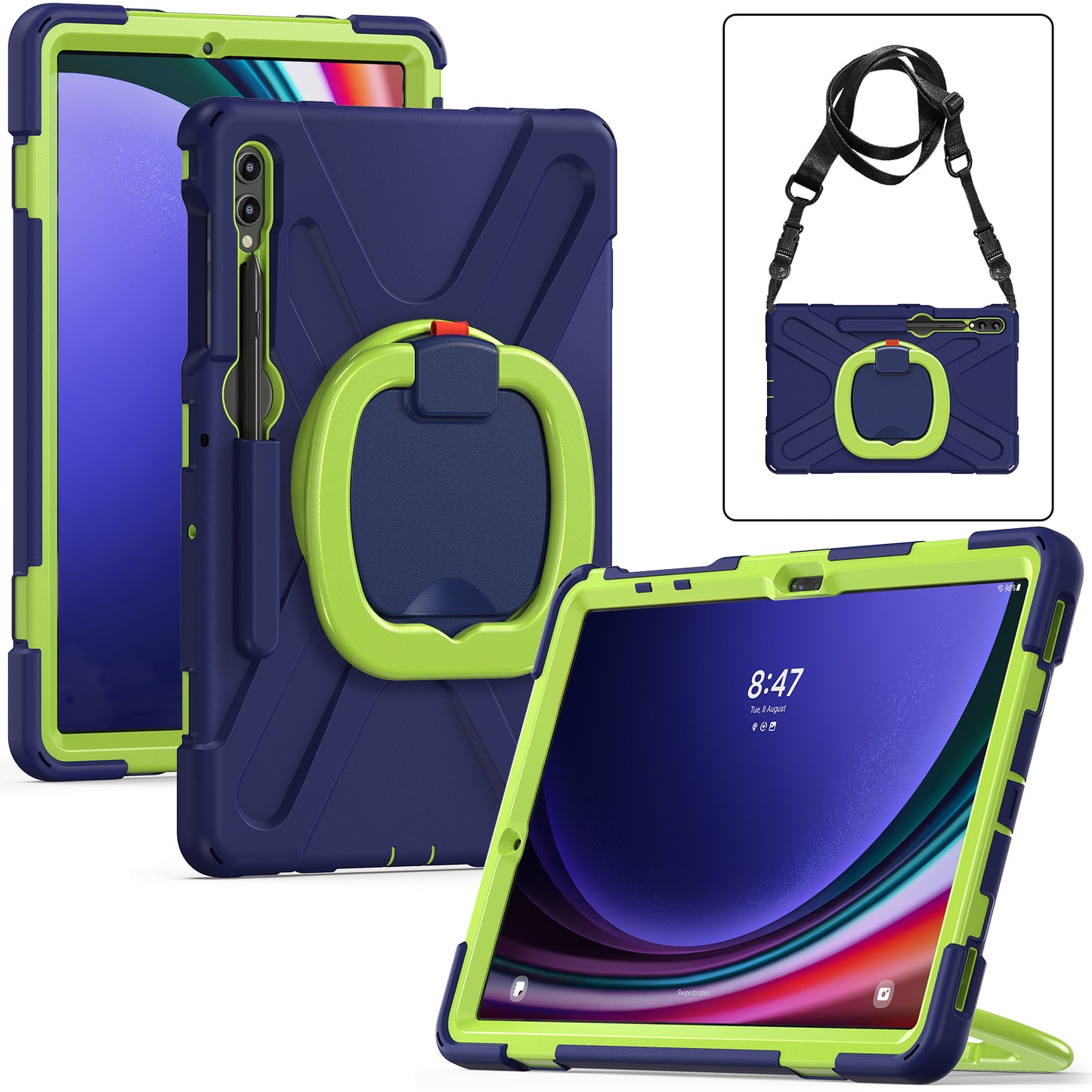 For Samsung Samsung Galaxy Tab S10+ X826 / S9 FE+ / S9+ / S8+ / S7+ Kickstand Tablet Case Shockproof PC+Silicone Cover, Shoulder Strap - Blue / Yellowgreen