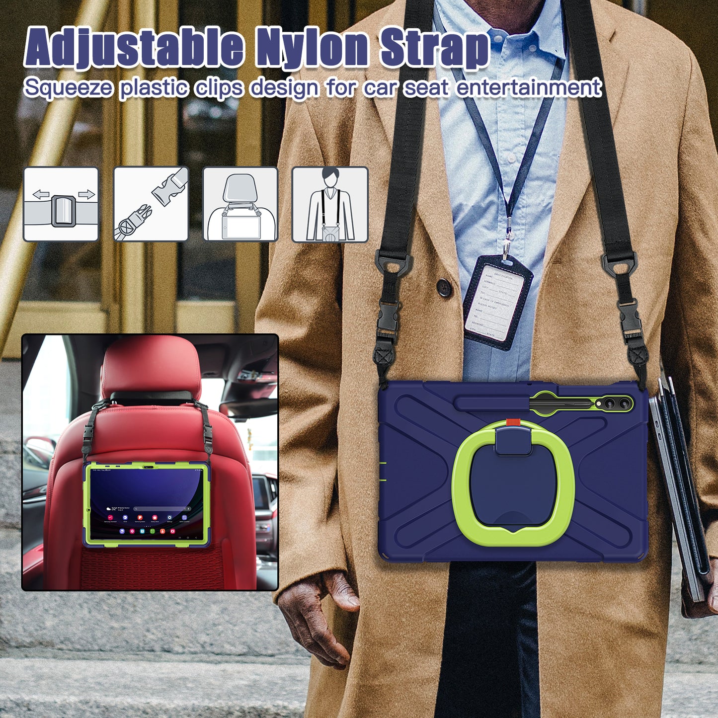 For Samsung Samsung Galaxy Tab S10+ X826 / S9 FE+ / S9+ / S8+ / S7+ Kickstand Tablet Case Shockproof PC+Silicone Cover, Shoulder Strap - Blue / Yellowgreen