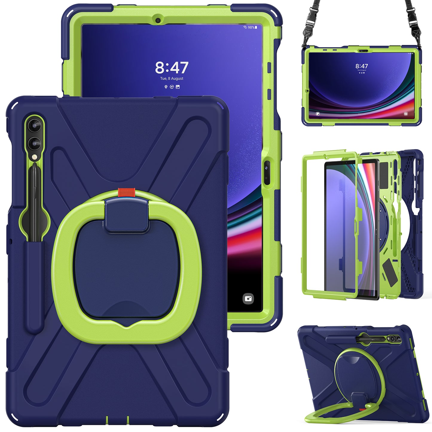 For Samsung Samsung Galaxy Tab S10+ X826 / S9 FE+ / S9+ / S8+ / S7+ Kickstand Tablet Case Shockproof PC+Silicone Cover, Shoulder Strap - Blue / Yellowgreen
