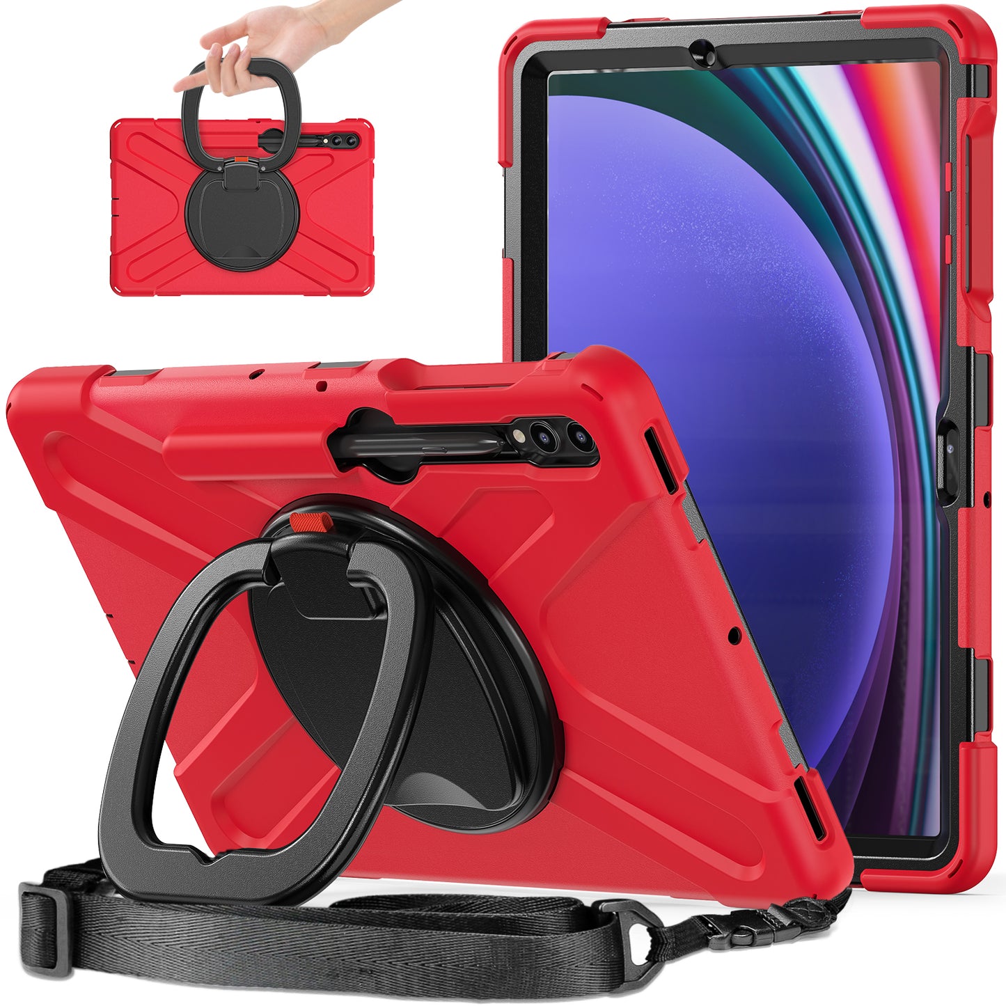 For Samsung Samsung Galaxy Tab S10+ X826 / S9 FE+ / S9+ / S8+ / S7+ Kickstand Tablet Case Shockproof PC+Silicone Cover, Shoulder Strap - Red / Black