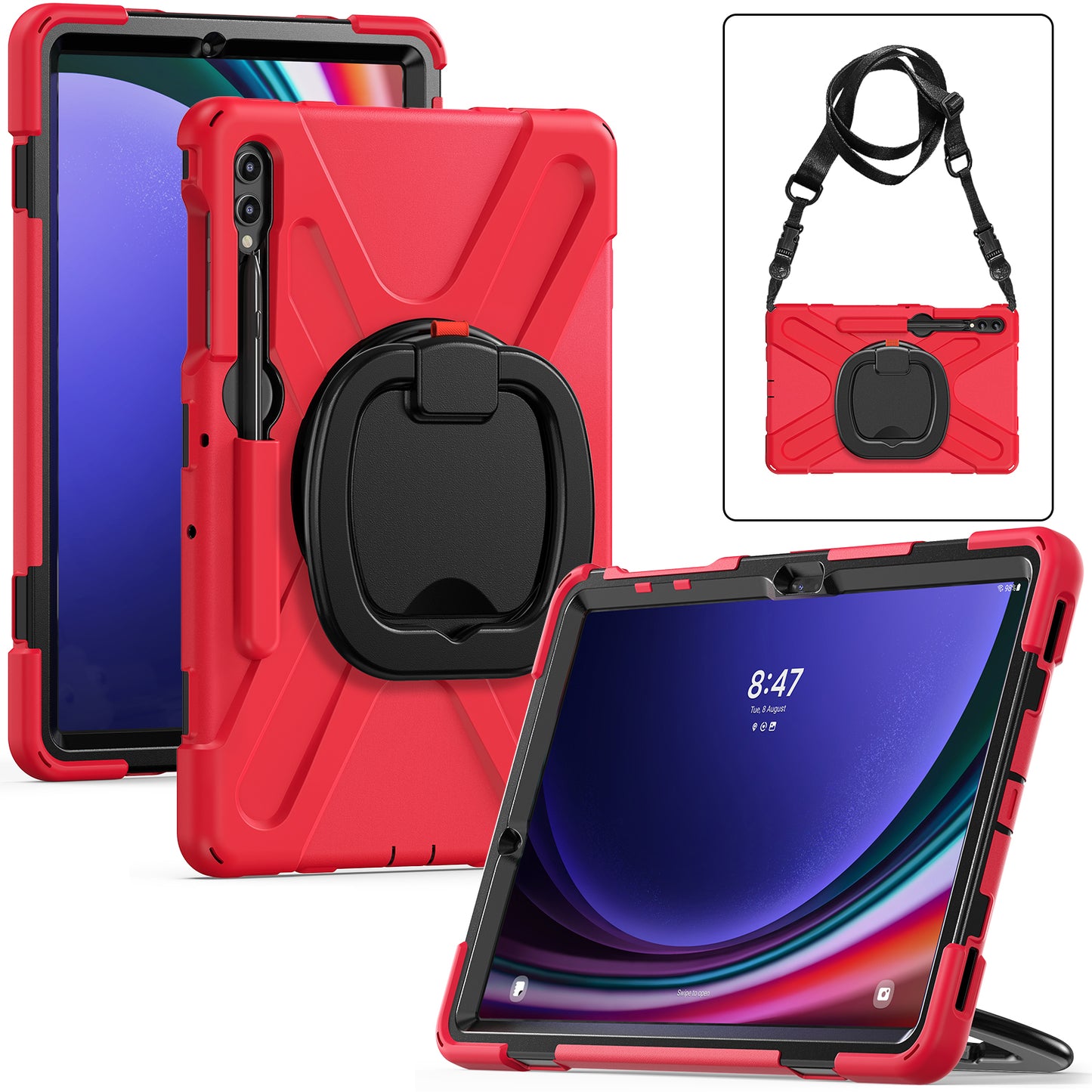 For Samsung Samsung Galaxy Tab S10+ X826 / S9 FE+ / S9+ / S8+ / S7+ Kickstand Tablet Case Shockproof PC+Silicone Cover, Shoulder Strap - Red / Black