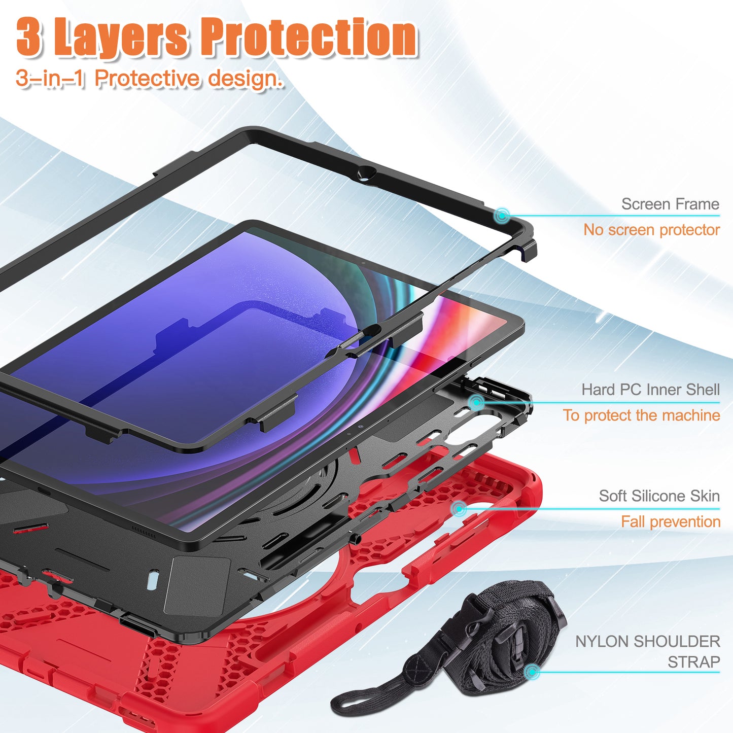 For Samsung Samsung Galaxy Tab S10+ X826 / S9 FE+ / S9+ / S8+ / S7+ Kickstand Tablet Case Shockproof PC+Silicone Cover, Shoulder Strap - Red / Black