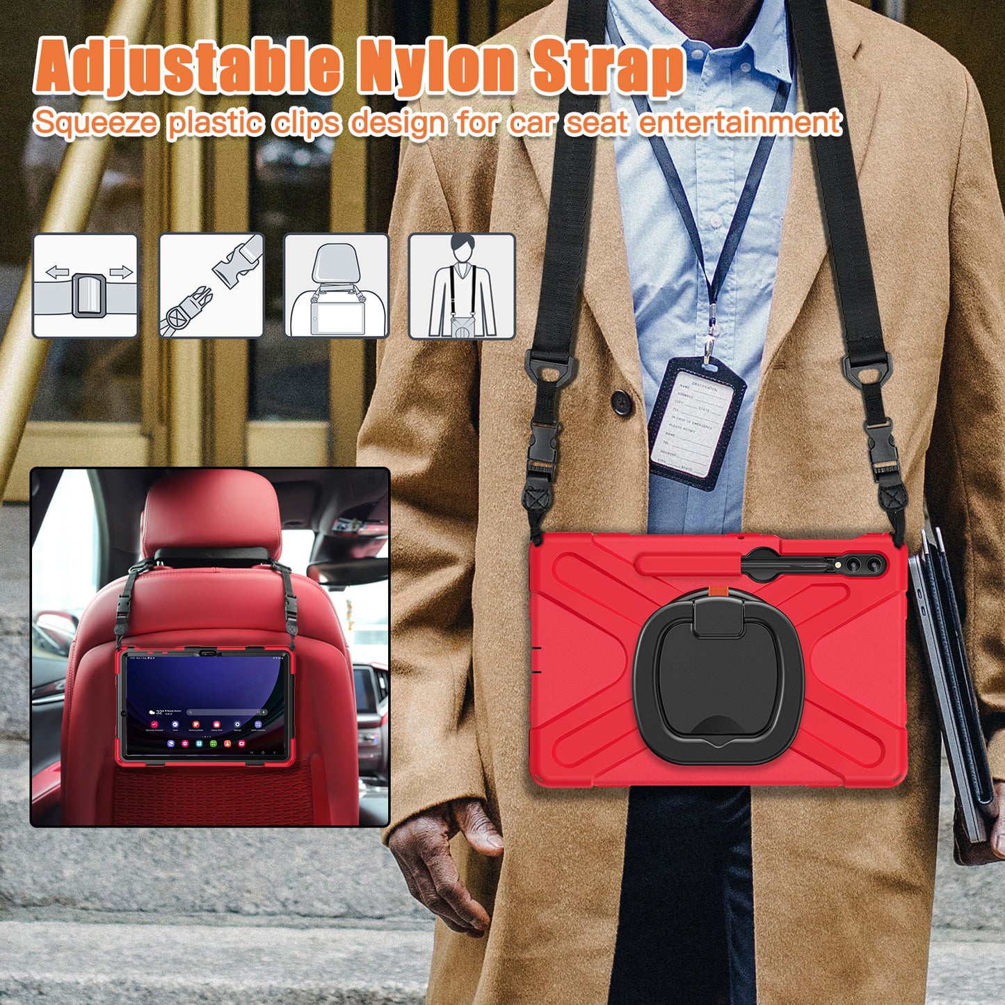 For Samsung Samsung Galaxy Tab S10+ X826 / S9 FE+ / S9+ / S8+ / S7+ Kickstand Tablet Case Shockproof PC+Silicone Cover, Shoulder Strap - Red / Black