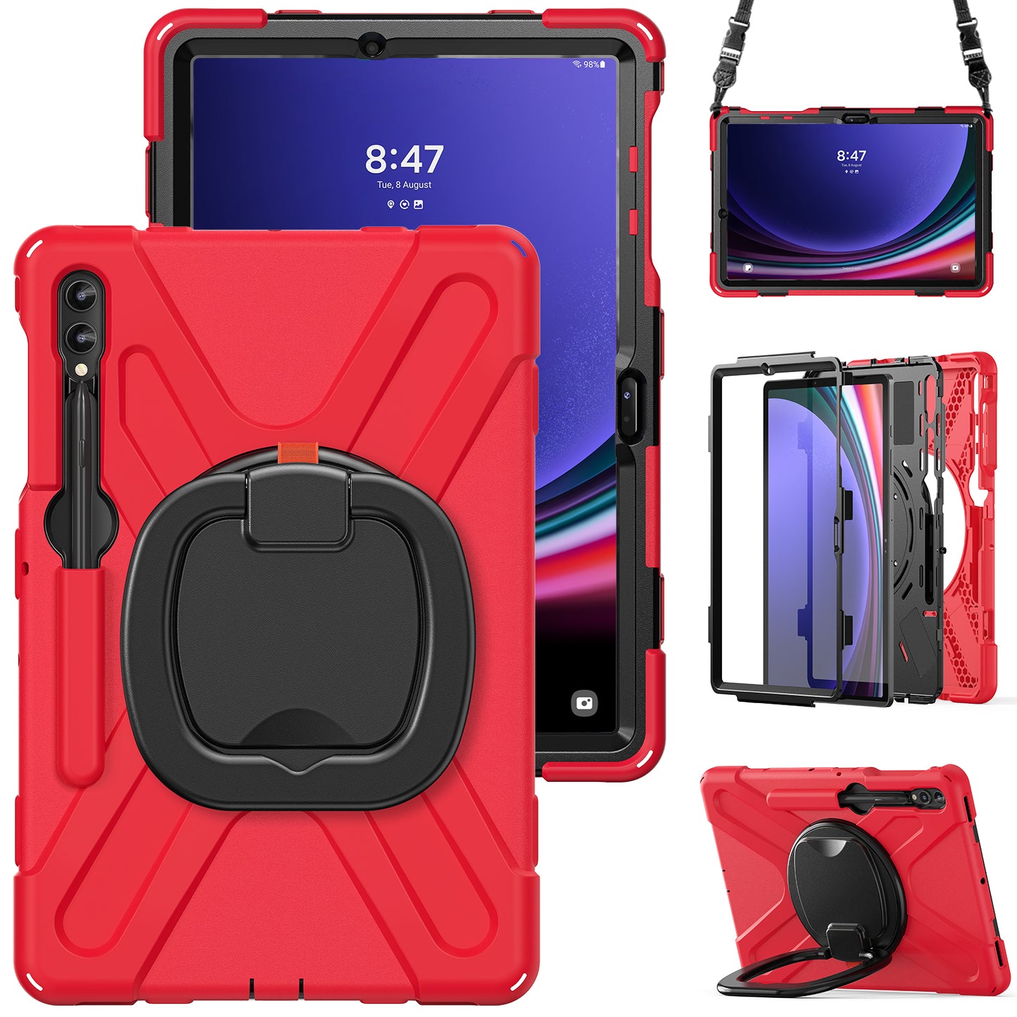For Samsung Samsung Galaxy Tab S10+ X826 / S9 FE+ / S9+ / S8+ / S7+ Kickstand Tablet Case Shockproof PC+Silicone Cover, Shoulder Strap - Red / Black