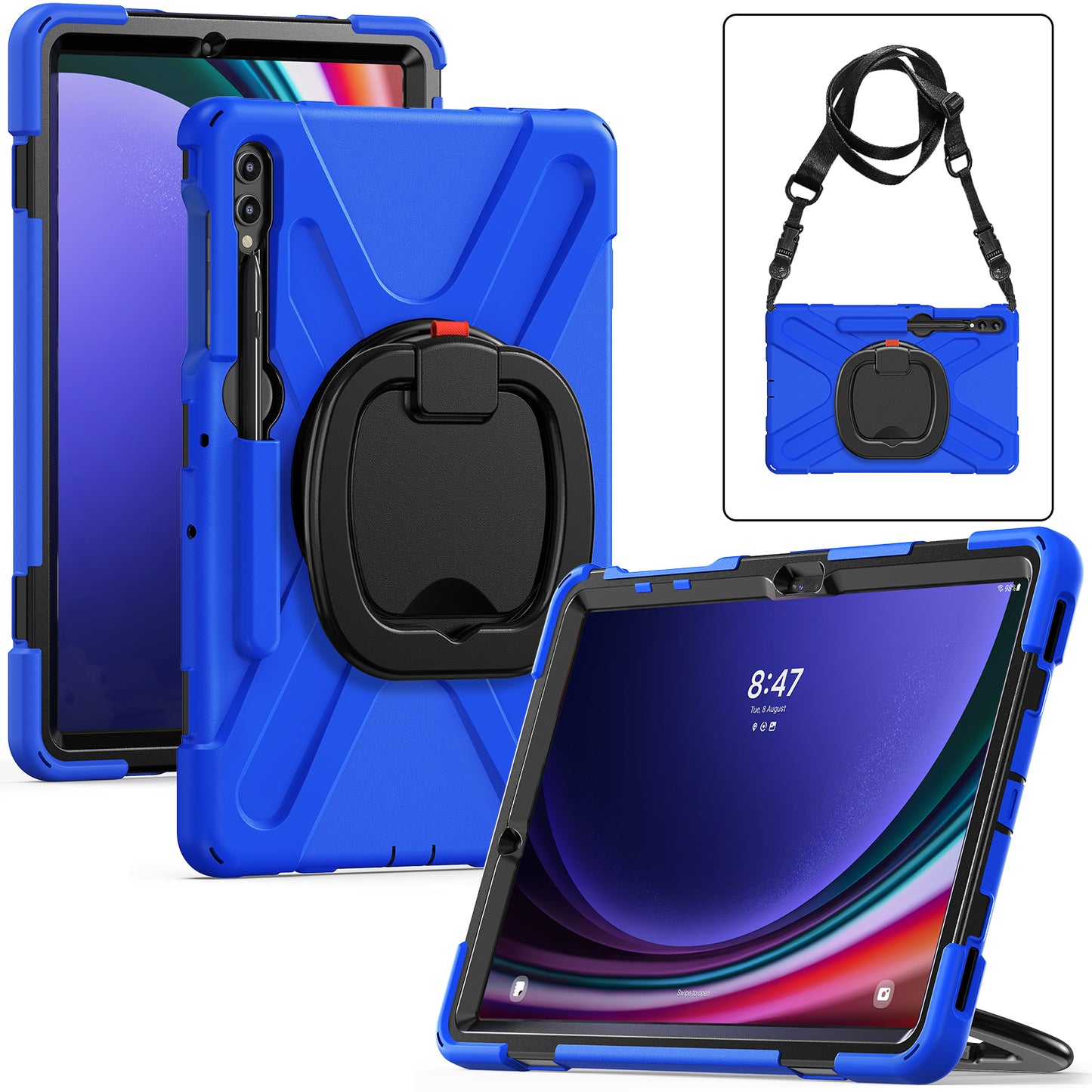 For Samsung Samsung Galaxy Tab S10+ X826 / S9 FE+ / S9+ / S8+ / S7+ Kickstand Tablet Case Shockproof PC+Silicone Cover, Shoulder Strap - Blue / Black