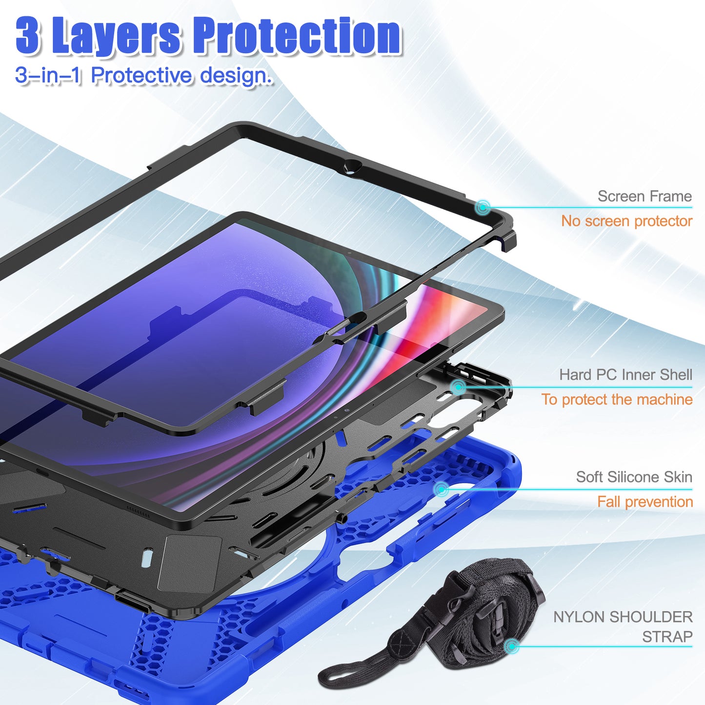 For Samsung Samsung Galaxy Tab S10+ X826 / S9 FE+ / S9+ / S8+ / S7+ Kickstand Tablet Case Shockproof PC+Silicone Cover, Shoulder Strap - Blue / Black