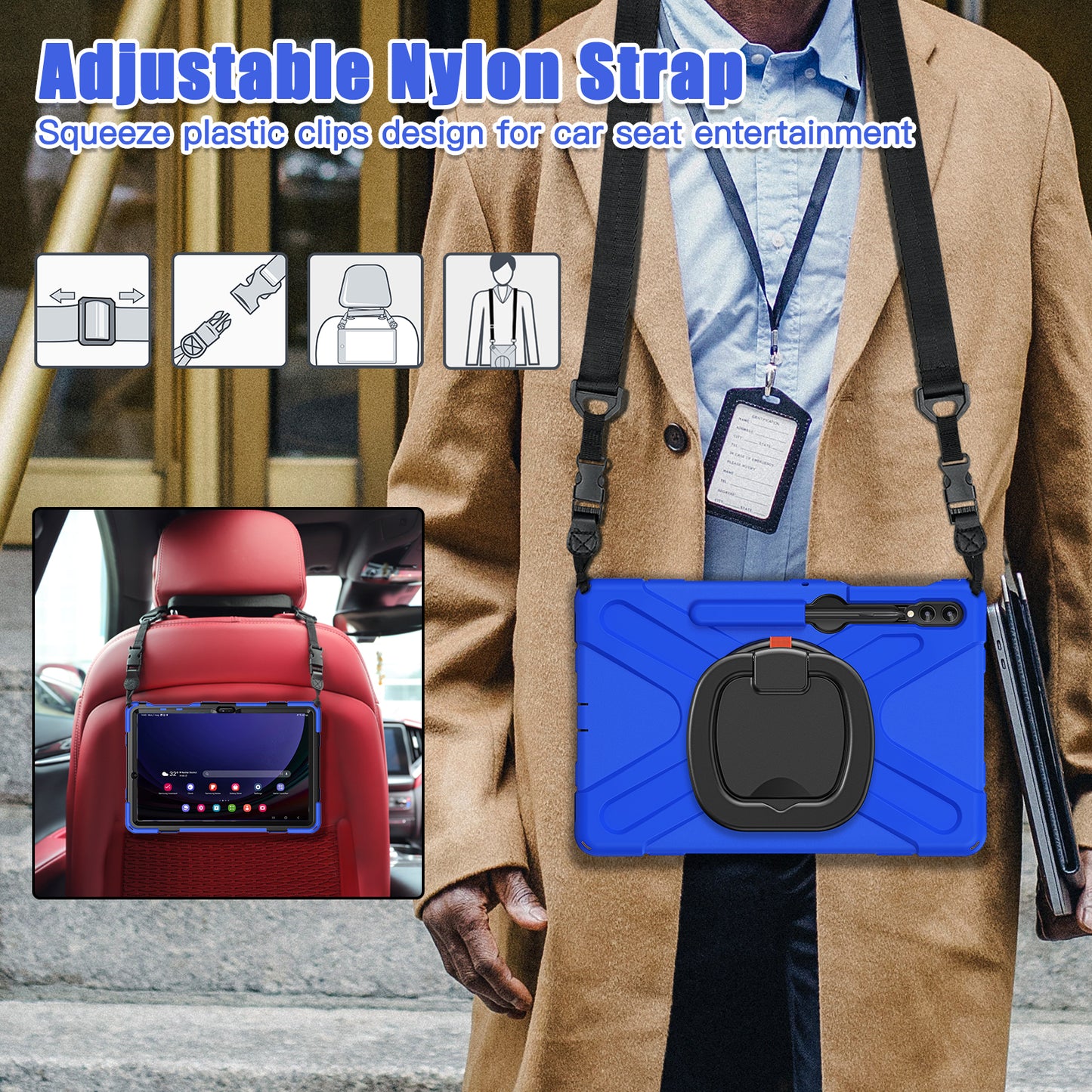 For Samsung Samsung Galaxy Tab S10+ X826 / S9 FE+ / S9+ / S8+ / S7+ Kickstand Tablet Case Shockproof PC+Silicone Cover, Shoulder Strap - Blue / Black