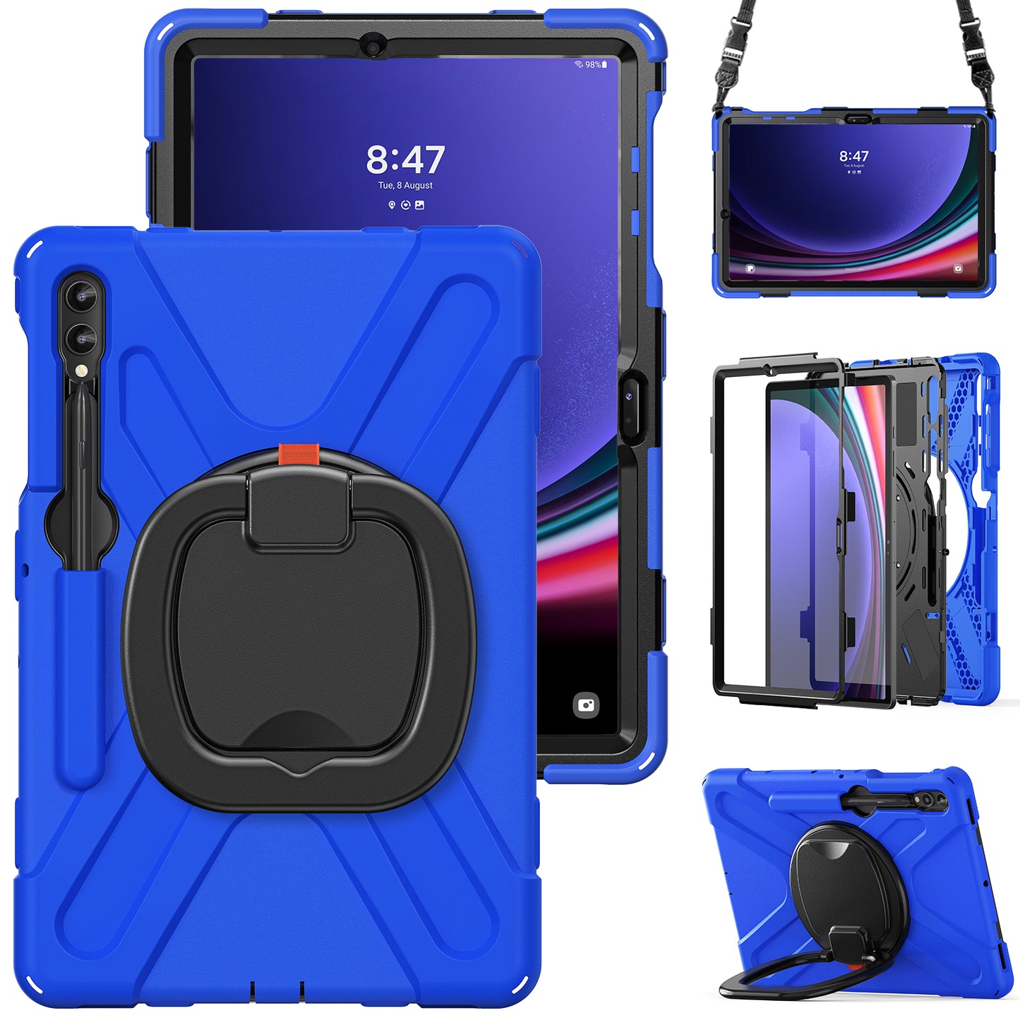 For Samsung Samsung Galaxy Tab S10+ X826 / S9 FE+ / S9+ / S8+ / S7+ Kickstand Tablet Case Shockproof PC+Silicone Cover, Shoulder Strap - Blue / Black