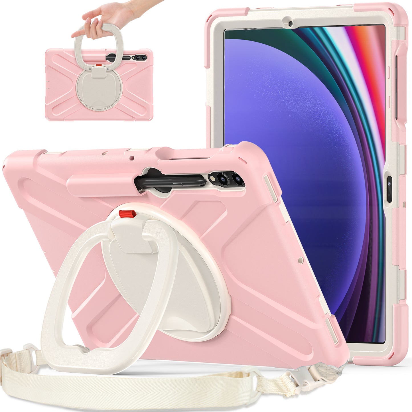 For Samsung Samsung Galaxy Tab S10+ X826 / S9 FE+ / S9+ / S8+ / S7+ Kickstand Tablet Case Shockproof PC+Silicone Cover, Shoulder Strap - Pink / White