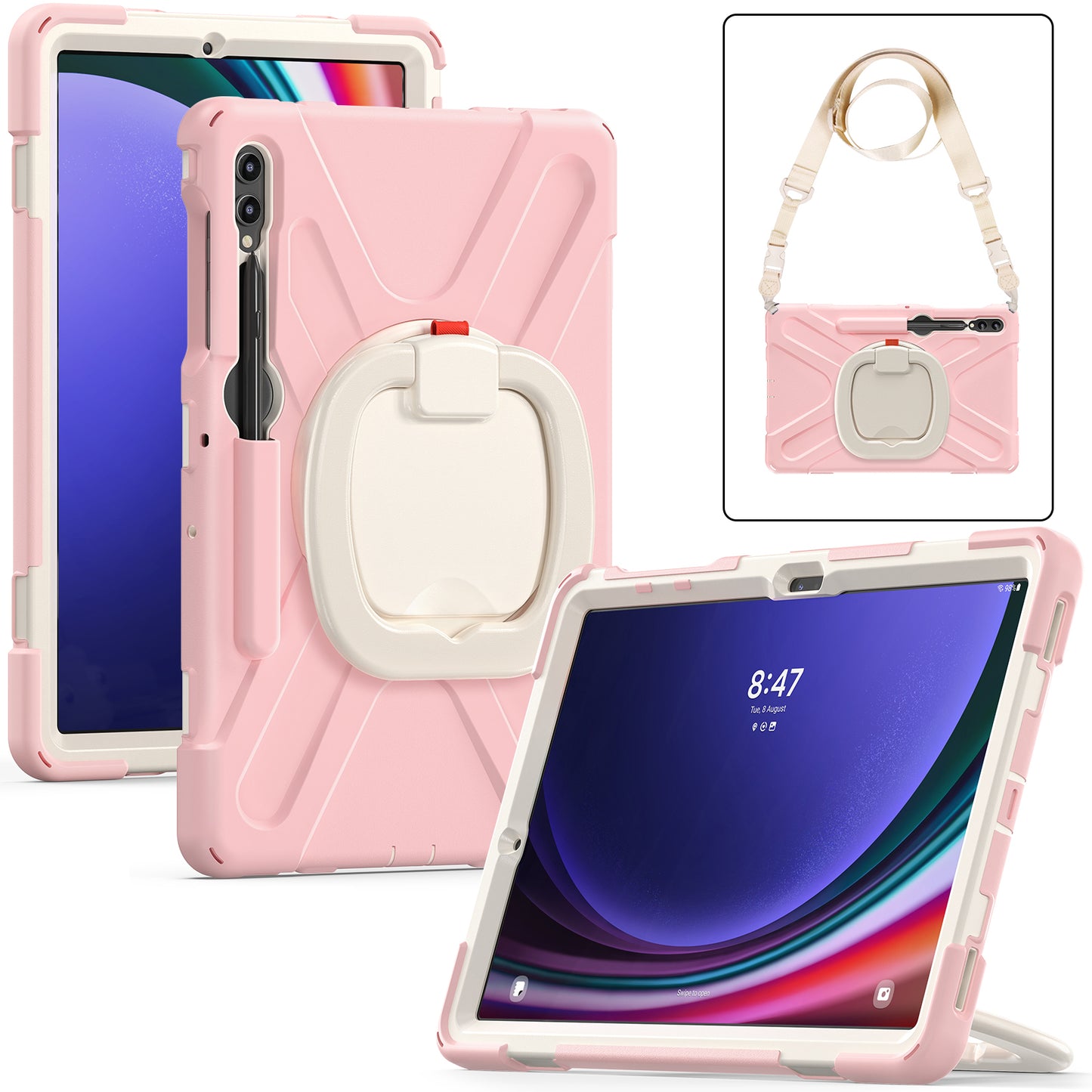 For Samsung Samsung Galaxy Tab S10+ X826 / S9 FE+ / S9+ / S8+ / S7+ Kickstand Tablet Case Shockproof PC+Silicone Cover, Shoulder Strap - Pink / White