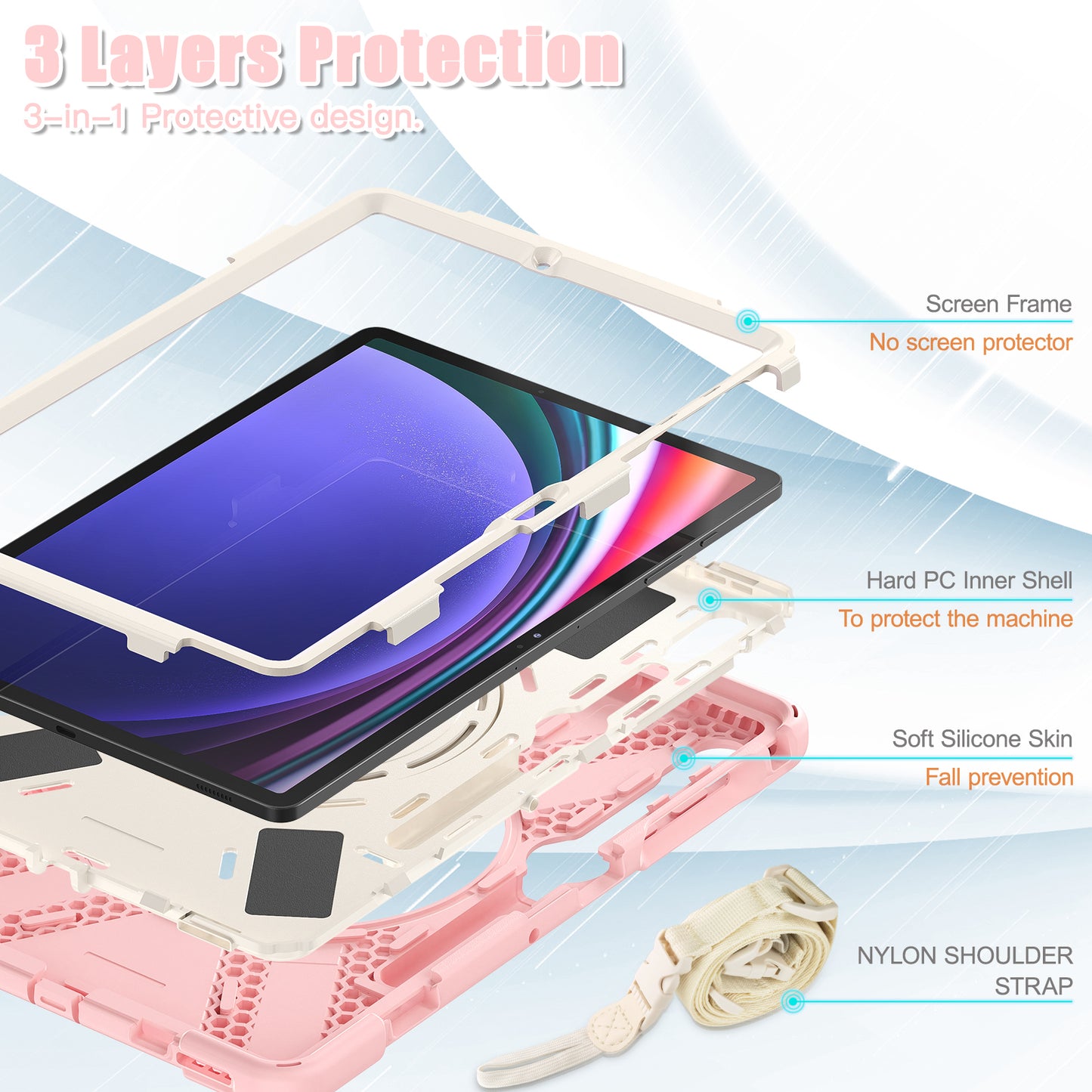 For Samsung Samsung Galaxy Tab S10+ X826 / S9 FE+ / S9+ / S8+ / S7+ Kickstand Tablet Case Shockproof PC+Silicone Cover, Shoulder Strap - Pink / White