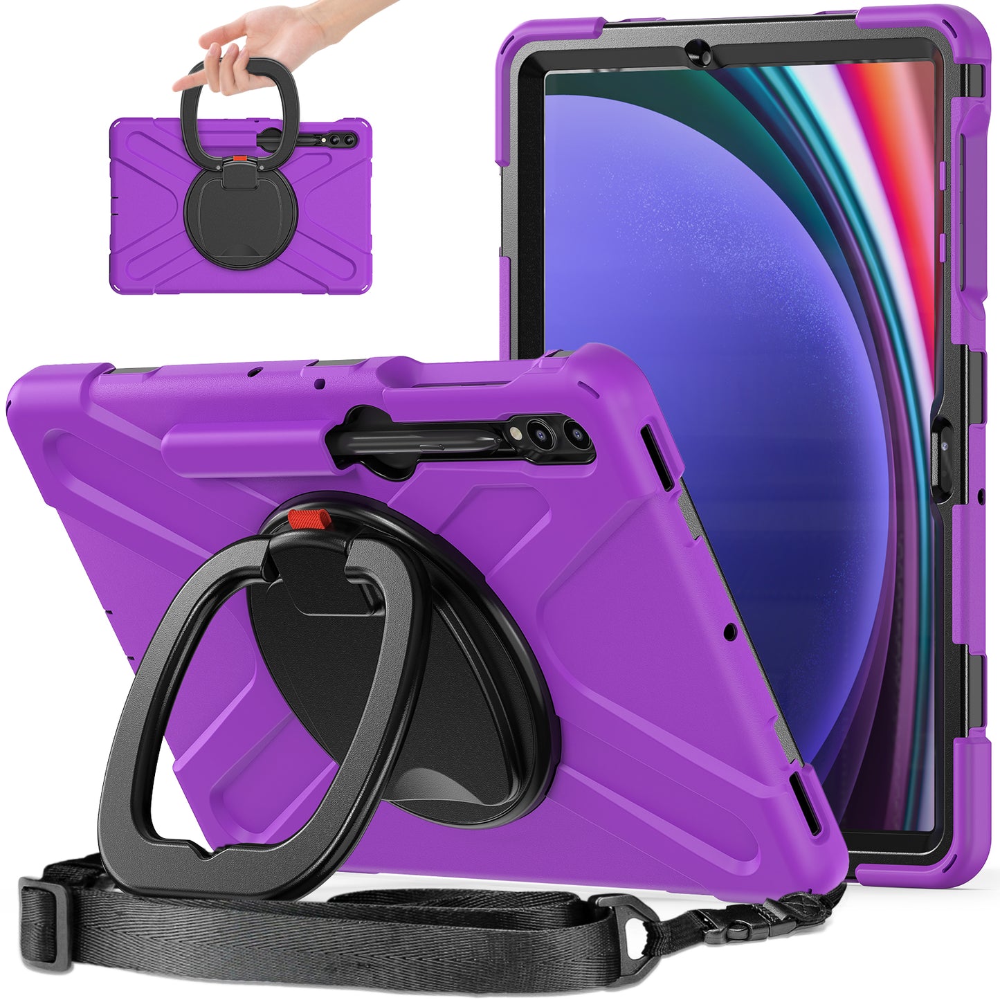 For Samsung Samsung Galaxy Tab S10+ X826 / S9 FE+ / S9+ / S8+ / S7+ Kickstand Tablet Case Shockproof PC+Silicone Cover, Shoulder Strap - Purple / Black
