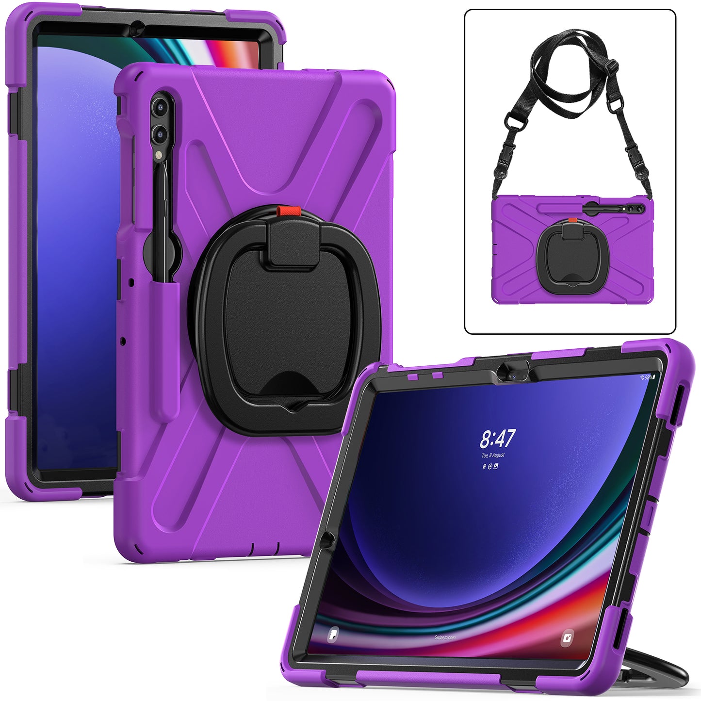 For Samsung Samsung Galaxy Tab S10+ X826 / S9 FE+ / S9+ / S8+ / S7+ Kickstand Tablet Case Shockproof PC+Silicone Cover, Shoulder Strap - Purple / Black
