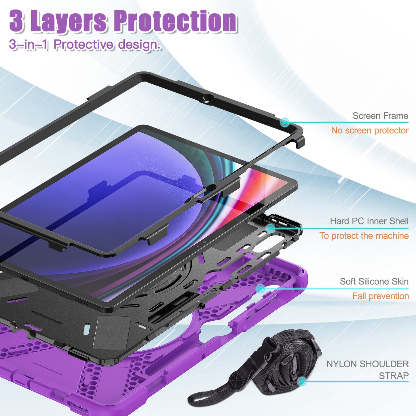 For Samsung Samsung Galaxy Tab S10+ X826 / S9 FE+ / S9+ / S8+ / S7+ Kickstand Tablet Case Shockproof PC+Silicone Cover, Shoulder Strap - Purple / Black