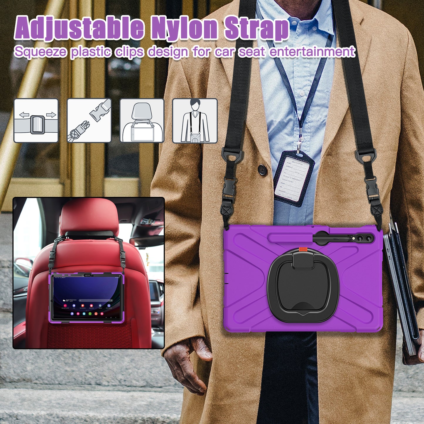 For Samsung Samsung Galaxy Tab S10+ X826 / S9 FE+ / S9+ / S8+ / S7+ Kickstand Tablet Case Shockproof PC+Silicone Cover, Shoulder Strap - Purple / Black