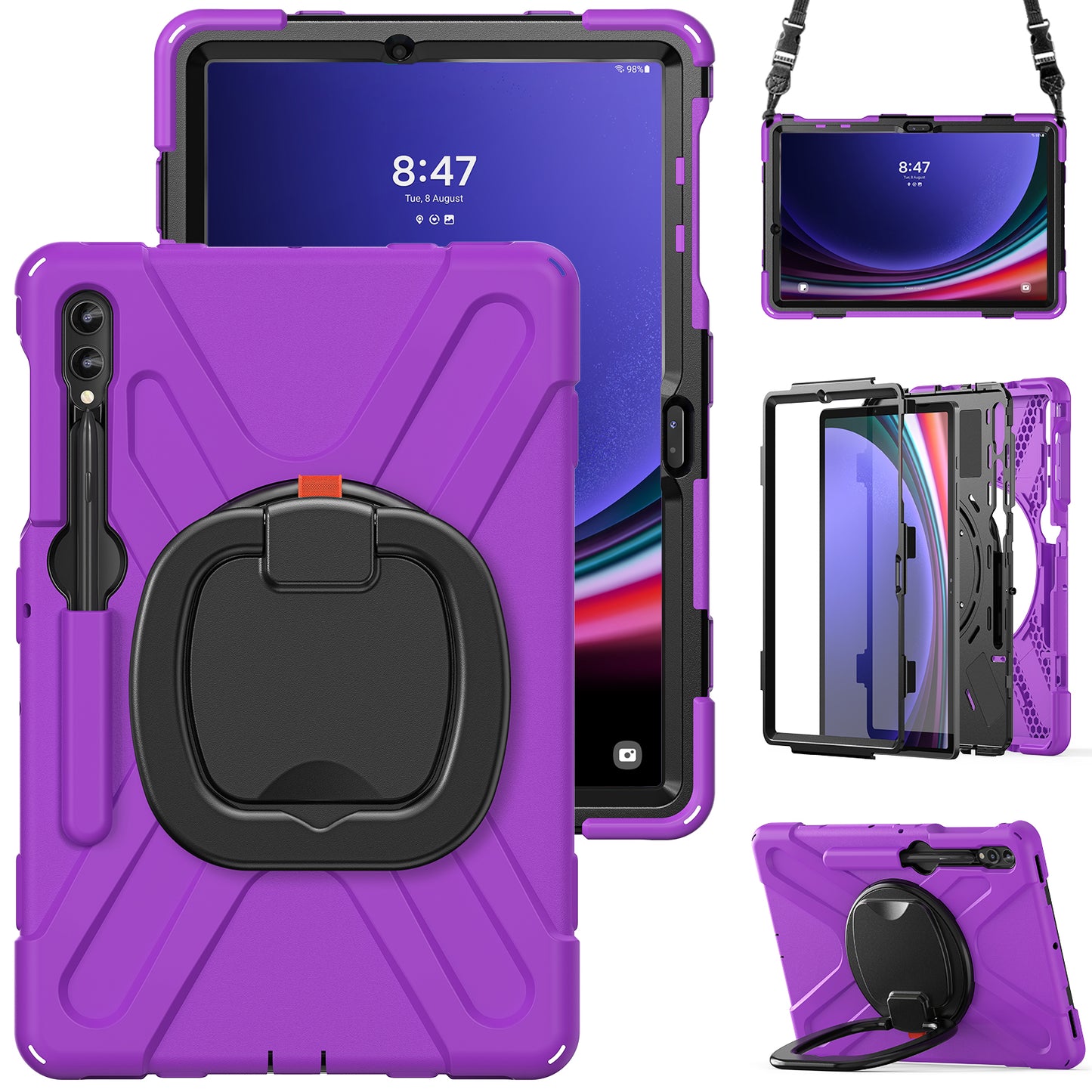 For Samsung Samsung Galaxy Tab S10+ X826 / S9 FE+ / S9+ / S8+ / S7+ Kickstand Tablet Case Shockproof PC+Silicone Cover, Shoulder Strap - Purple / Black