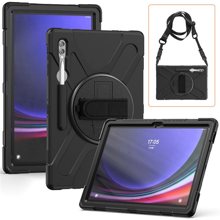 For Samsung Galaxy Tab S10 Ultra X920 / S9 Ultra X910 / S8 Ultra X900 / X906 PC+Silicone Tablet Case Hand Band Kickstand with Shoulder Strap - Black
