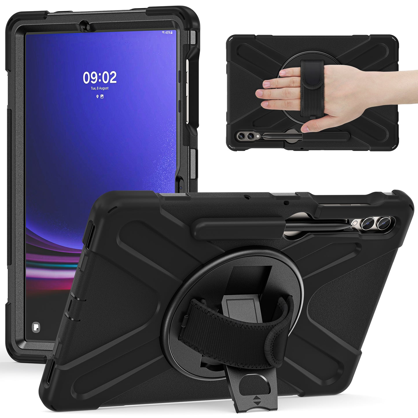 For Samsung Galaxy Tab S10+ X826 / S9 FE+ / S9+ / S8+ / S7+ Wrist Strap Tablet Case Anti-Scratch PC+Silicone Kickstand Cover - Black