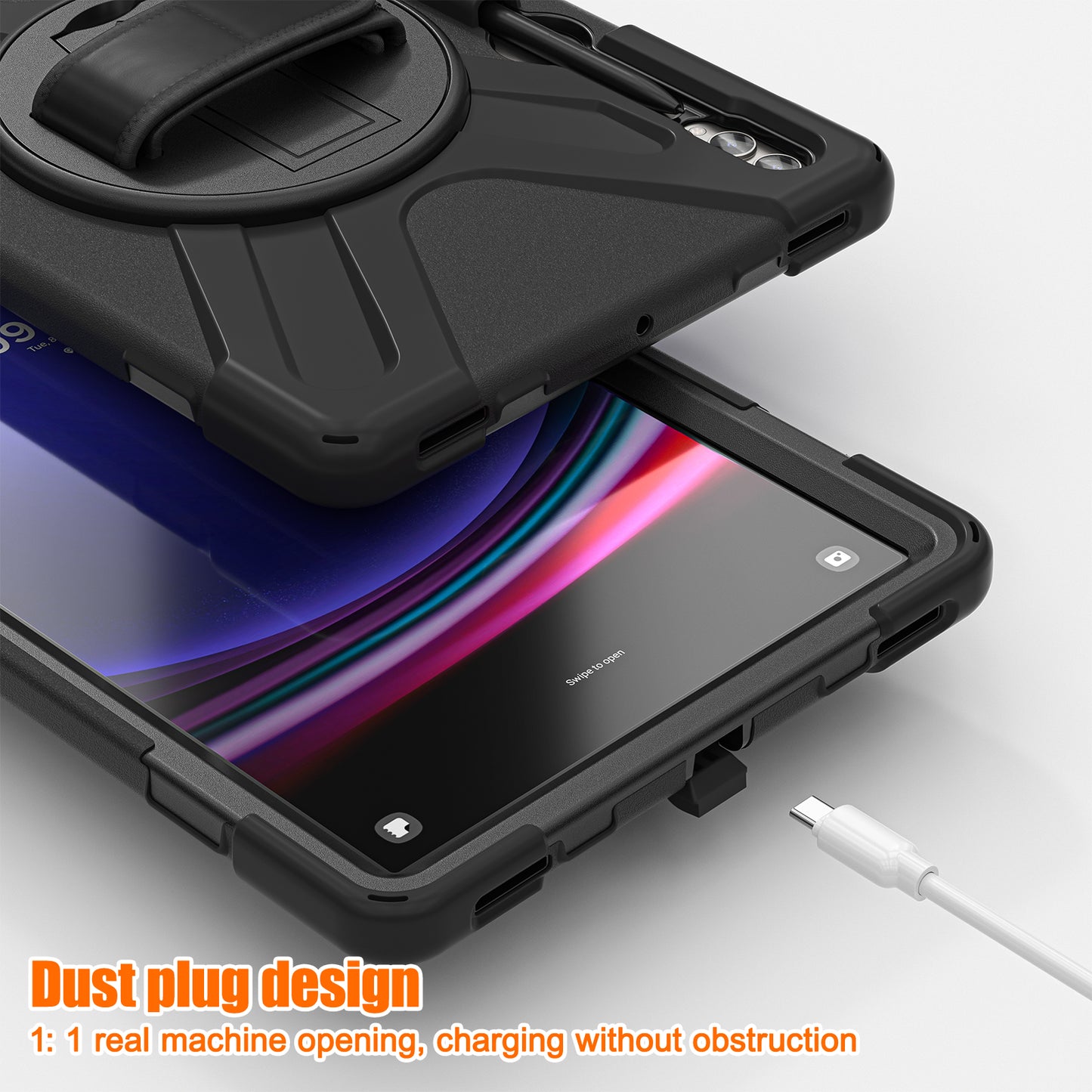 For Samsung Galaxy Tab S10+ X826 / S9 FE+ / S9+ / S8+ / S7+ Wrist Strap Tablet Case Anti-Scratch PC+Silicone Kickstand Cover - Black