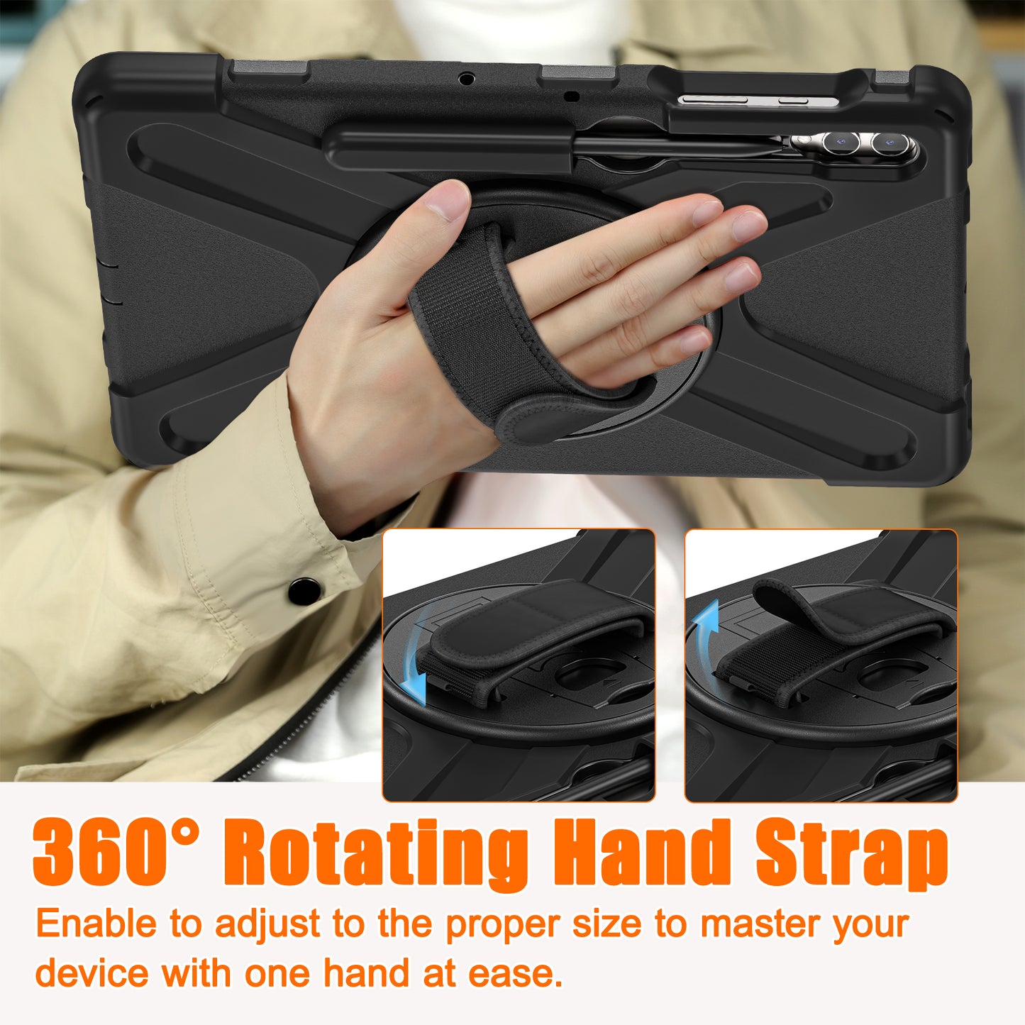 For Samsung Galaxy Tab S10+ X826 / S9 FE+ / S9+ / S8+ / S7+ Wrist Strap Tablet Case Anti-Scratch PC+Silicone Kickstand Cover - Black