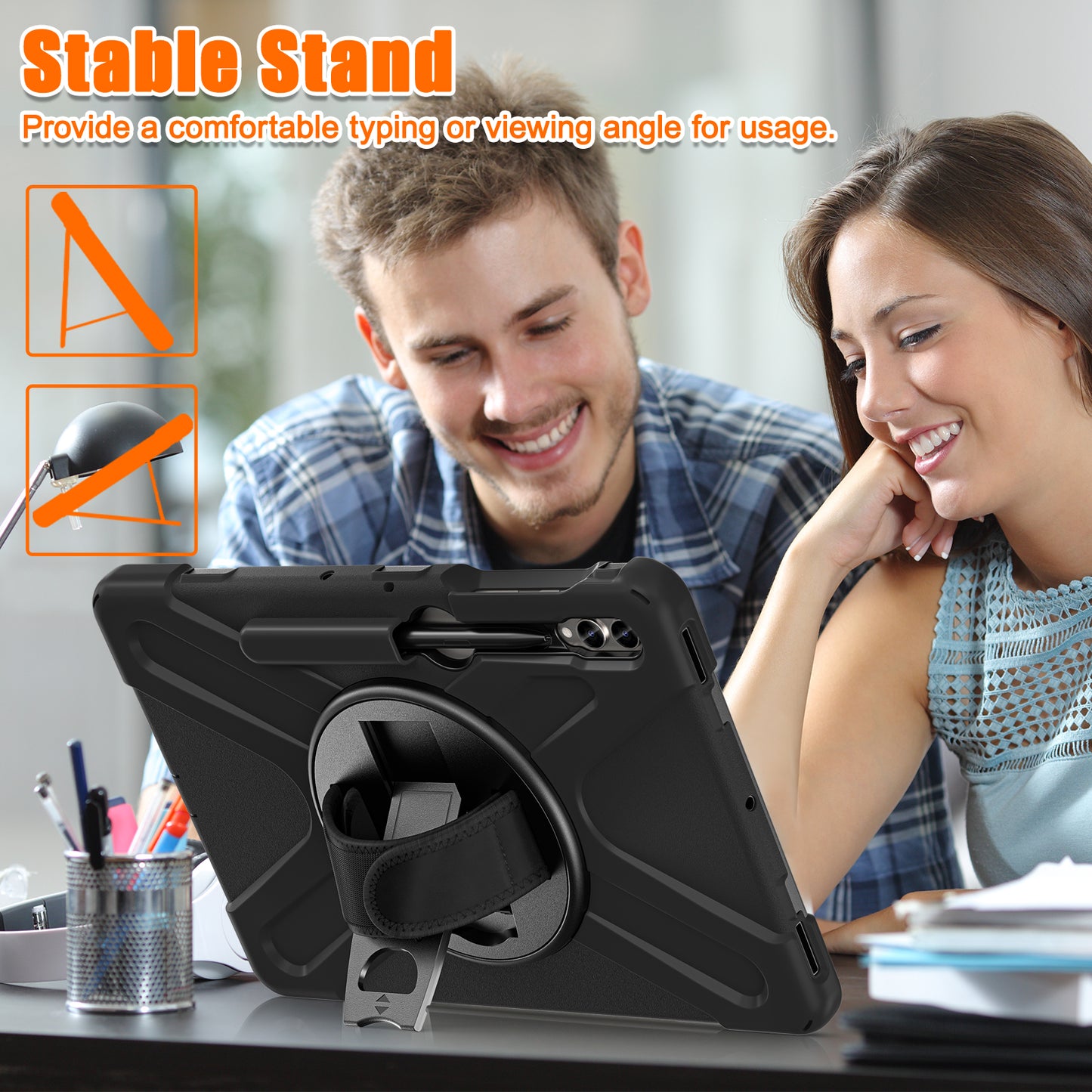 For Samsung Galaxy Tab S10+ X826 / S9 FE+ / S9+ / S8+ / S7+ Wrist Strap Tablet Case Anti-Scratch PC+Silicone Kickstand Cover - Black