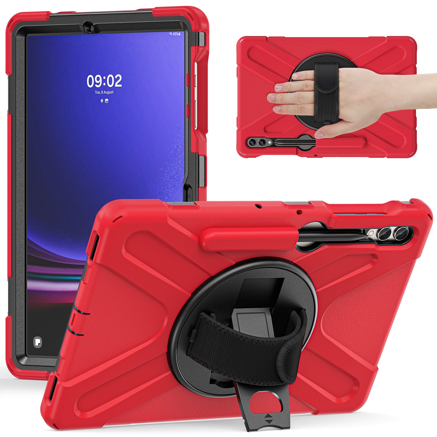 For Samsung Galaxy Tab S10+ X826 / S9 FE+ / S9+ / S8+ / S7+ Wrist Strap Tablet Case Anti-Scratch PC+Silicone Kickstand Cover - Red