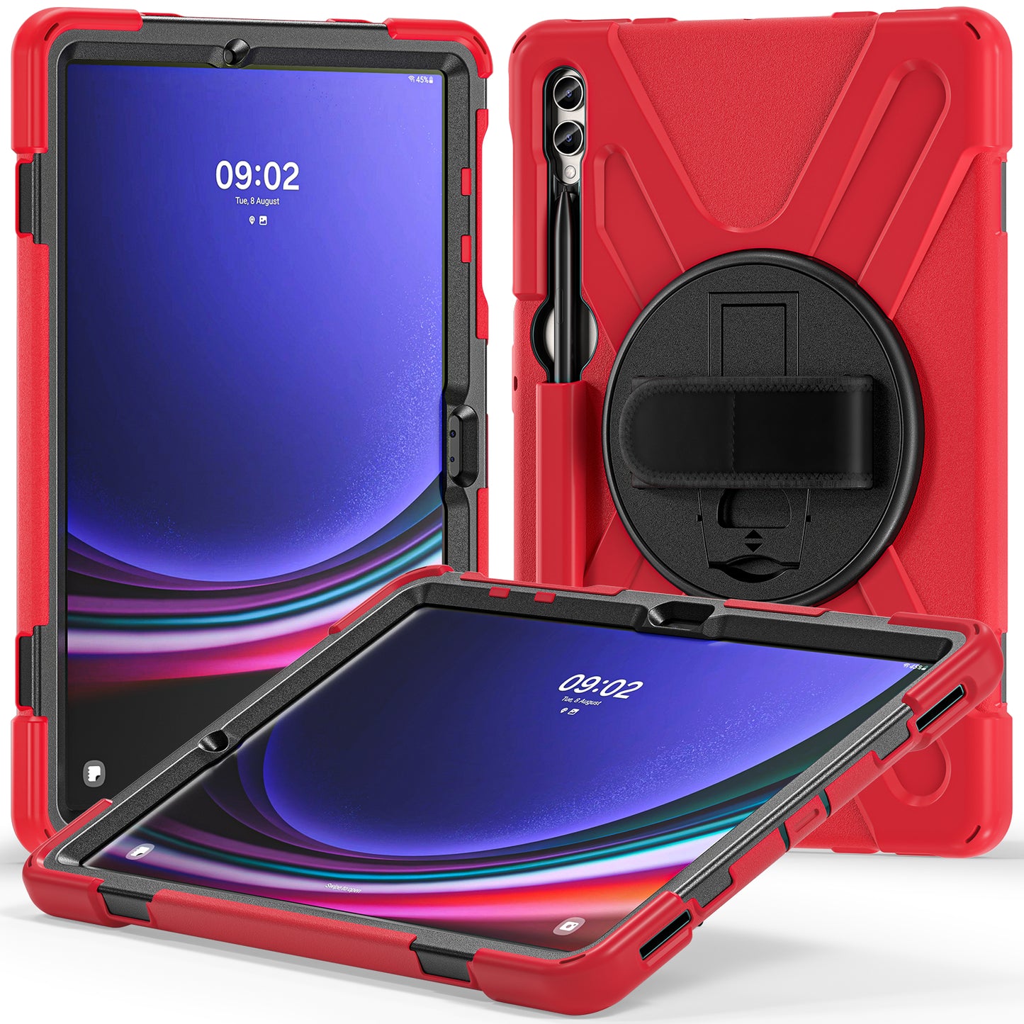 For Samsung Galaxy Tab S10+ X826 / S9 FE+ / S9+ / S8+ / S7+ Wrist Strap Tablet Case Anti-Scratch PC+Silicone Kickstand Cover - Red