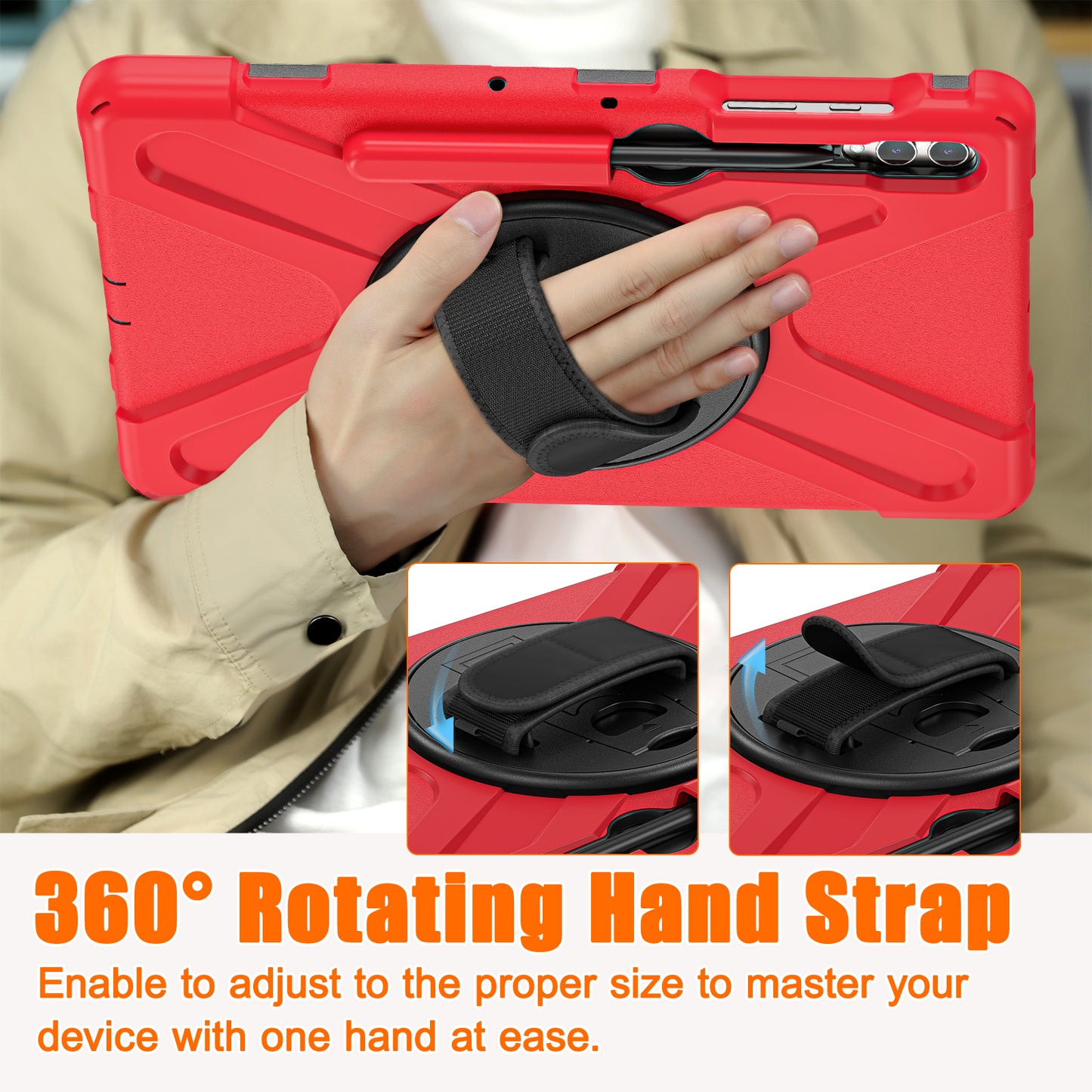 For Samsung Galaxy Tab S10+ X826 / S9 FE+ / S9+ / S8+ / S7+ Wrist Strap Tablet Case Anti-Scratch PC+Silicone Kickstand Cover - Red