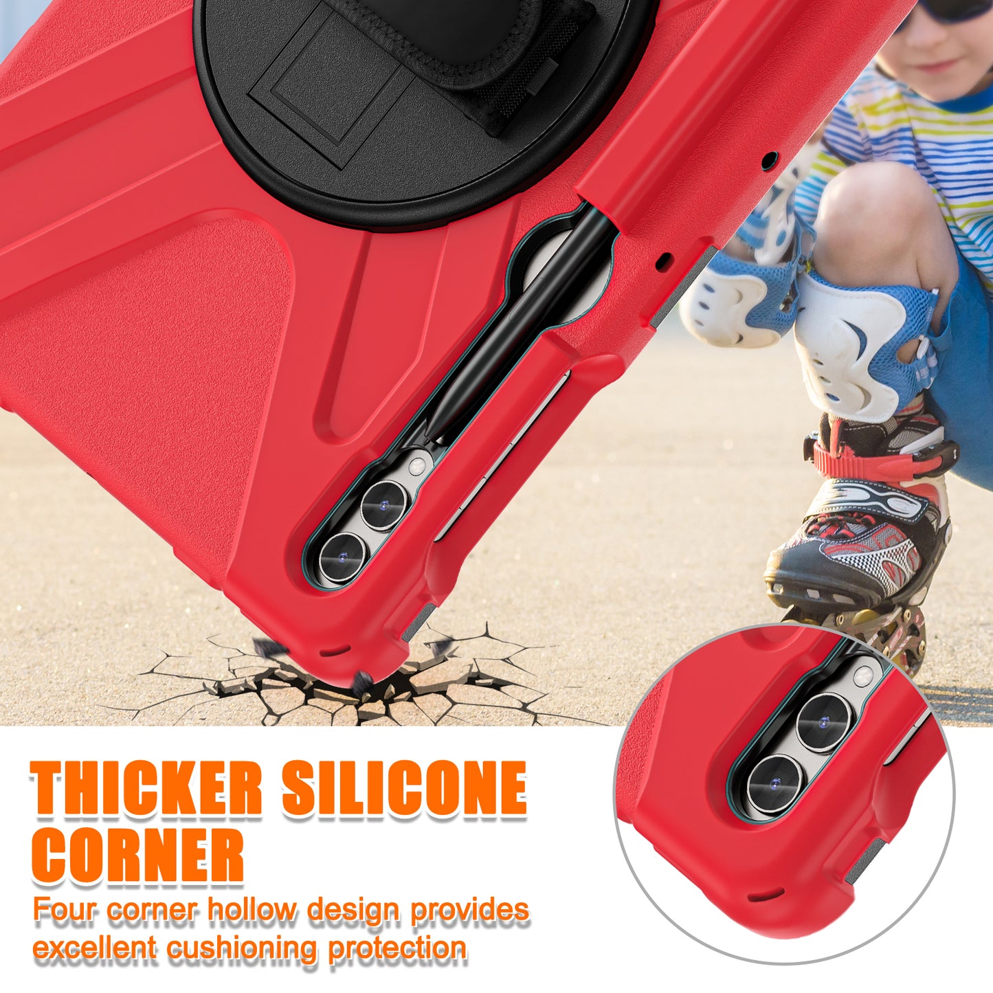 For Samsung Galaxy Tab S10+ X826 / S9 FE+ / S9+ / S8+ / S7+ Wrist Strap Tablet Case Anti-Scratch PC+Silicone Kickstand Cover - Red