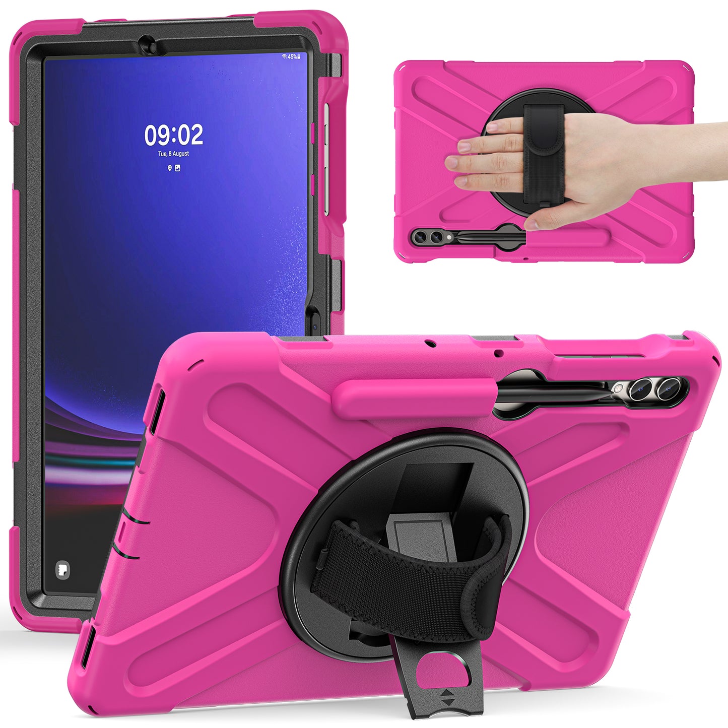 For Samsung Galaxy Tab S10+ X826 / S9 FE+ / S9+ / S8+ / S7+ Wrist Strap Tablet Case Anti-Scratch PC+Silicone Kickstand Cover - Rose