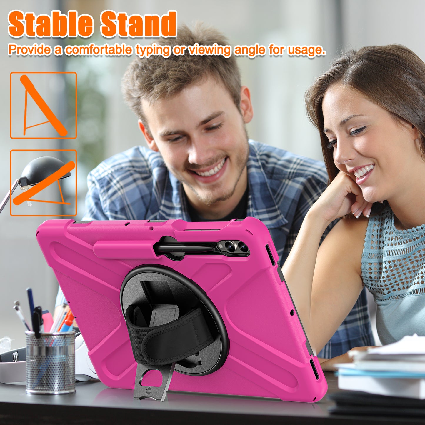 For Samsung Galaxy Tab S10+ X826 / S9 FE+ / S9+ / S8+ / S7+ Wrist Strap Tablet Case Anti-Scratch PC+Silicone Kickstand Cover - Rose