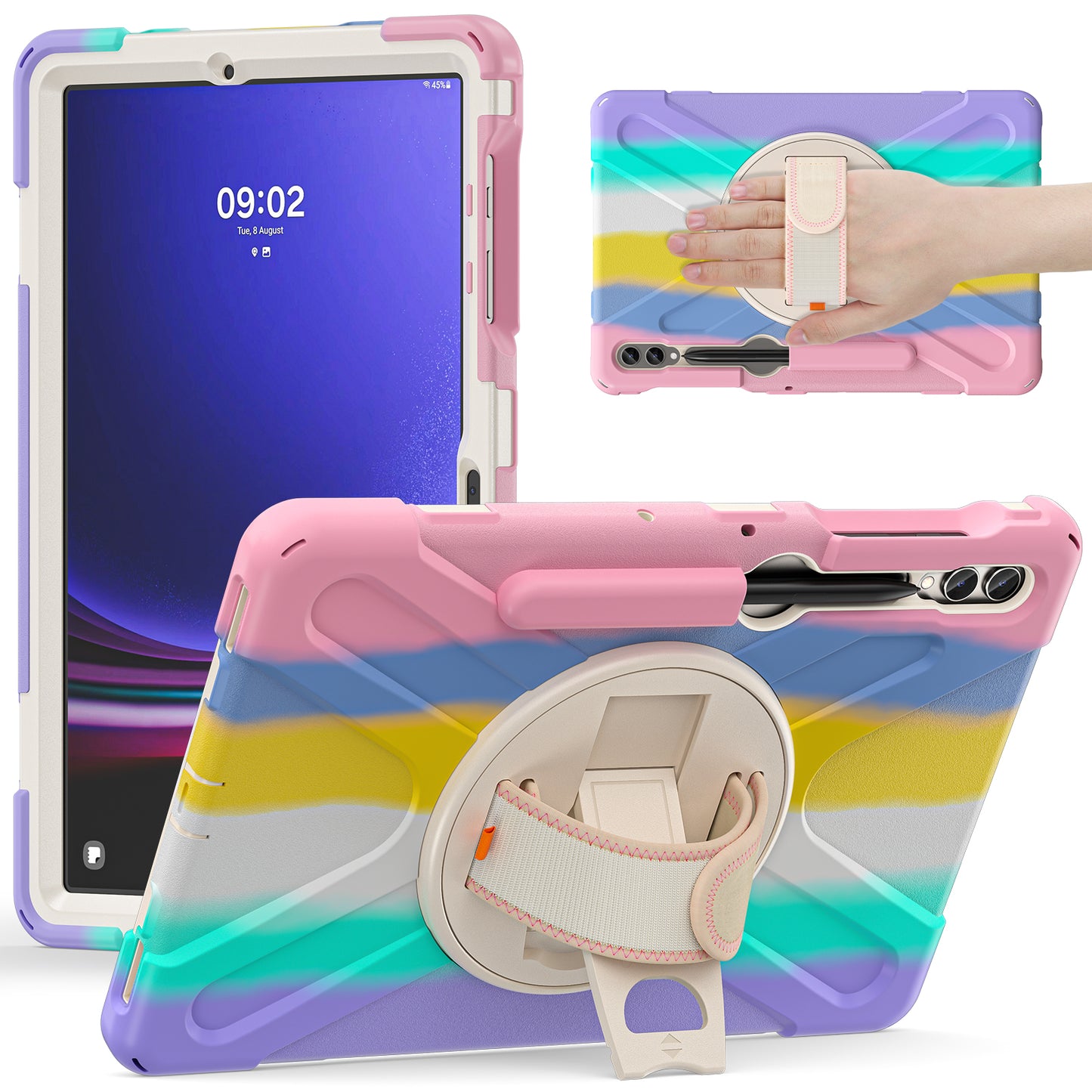 For Samsung Galaxy Tab S10+ X826 / S9 FE+ / S9+ / S8+ / S7+ Wrist Strap Tablet Case Anti-Scratch PC+Silicone Kickstand Cover - Colorful Pink