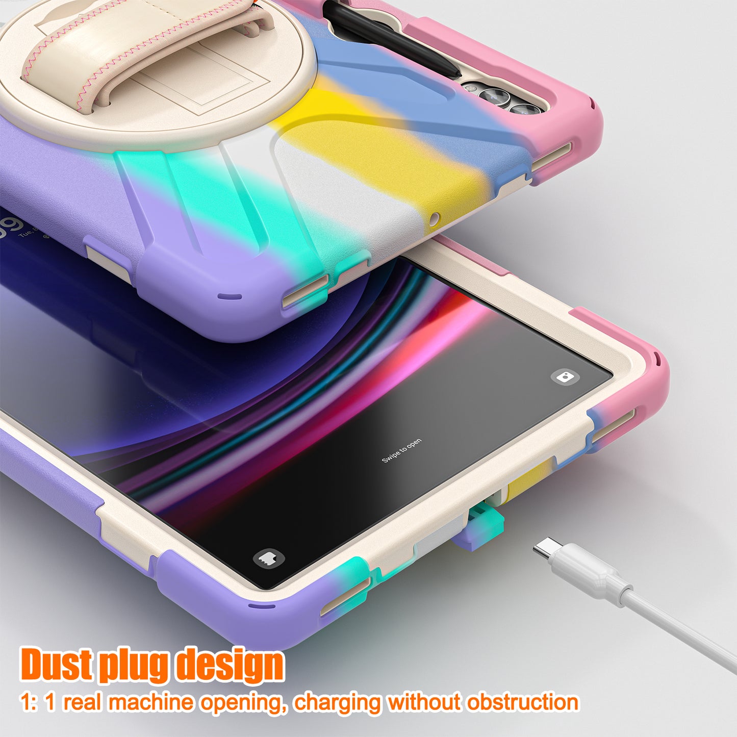 For Samsung Galaxy Tab S10+ X826 / S9 FE+ / S9+ / S8+ / S7+ Wrist Strap Tablet Case Anti-Scratch PC+Silicone Kickstand Cover - Colorful Pink