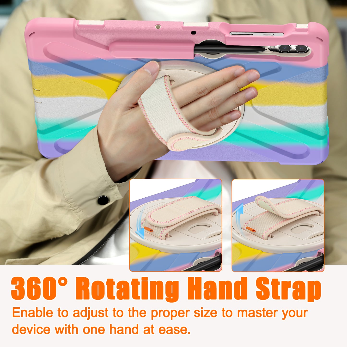 For Samsung Galaxy Tab S10+ X826 / S9 FE+ / S9+ / S8+ / S7+ Wrist Strap Tablet Case Anti-Scratch PC+Silicone Kickstand Cover - Colorful Pink