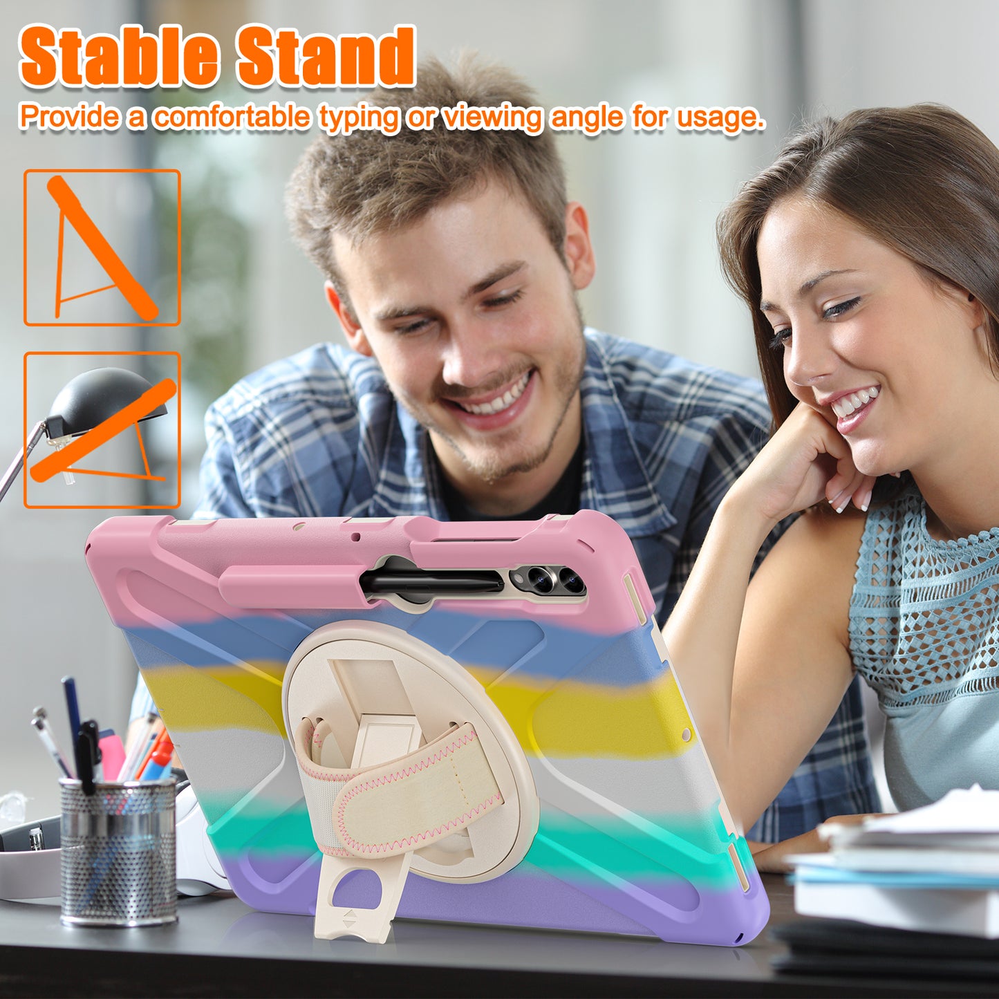 For Samsung Galaxy Tab S10+ X826 / S9 FE+ / S9+ / S8+ / S7+ Wrist Strap Tablet Case Anti-Scratch PC+Silicone Kickstand Cover - Colorful Pink