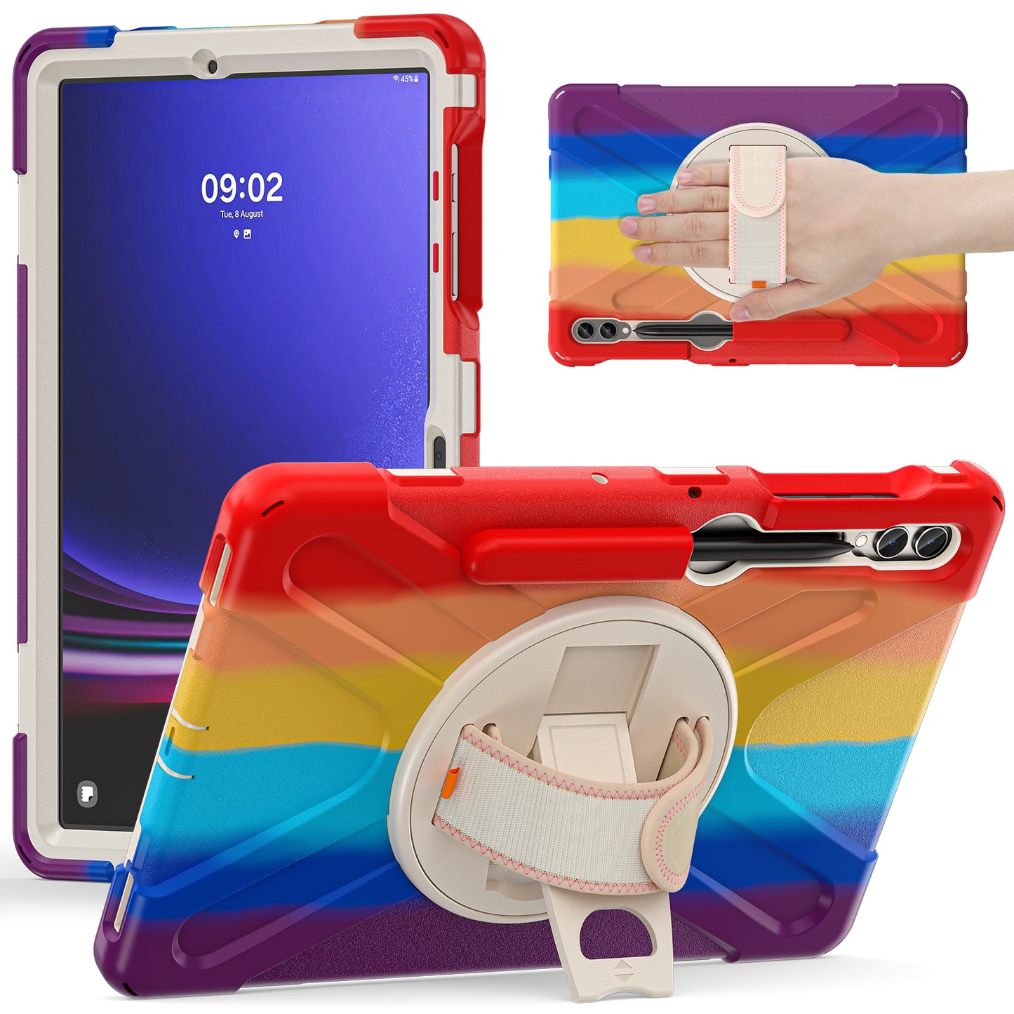 For Samsung Galaxy Tab S10+ X826 / S9 FE+ / S9+ / S8+ / S7+ Wrist Strap Tablet Case Anti-Scratch PC+Silicone Kickstand Cover - Colorful Red