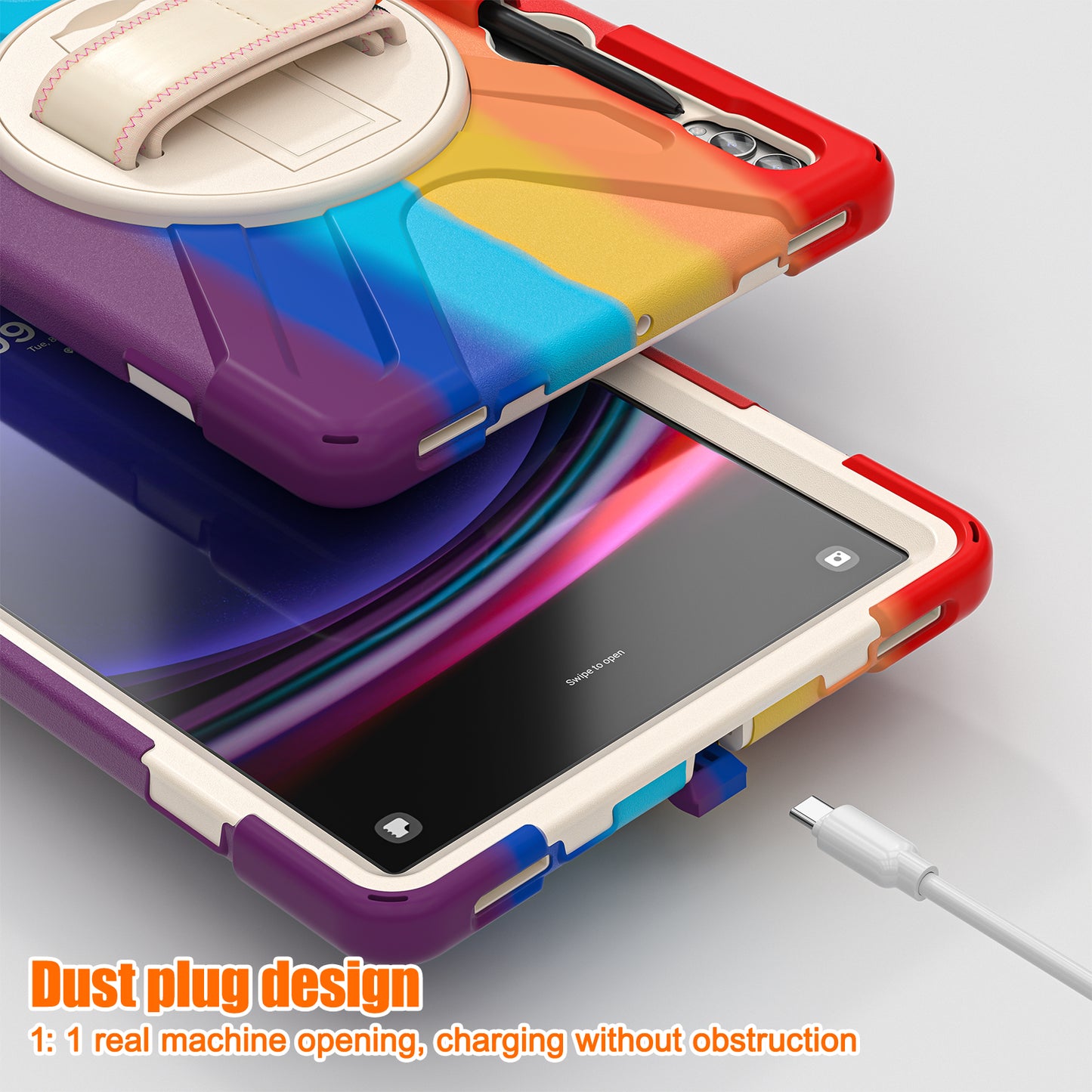 For Samsung Galaxy Tab S10+ X826 / S9 FE+ / S9+ / S8+ / S7+ Wrist Strap Tablet Case Anti-Scratch PC+Silicone Kickstand Cover - Colorful Red