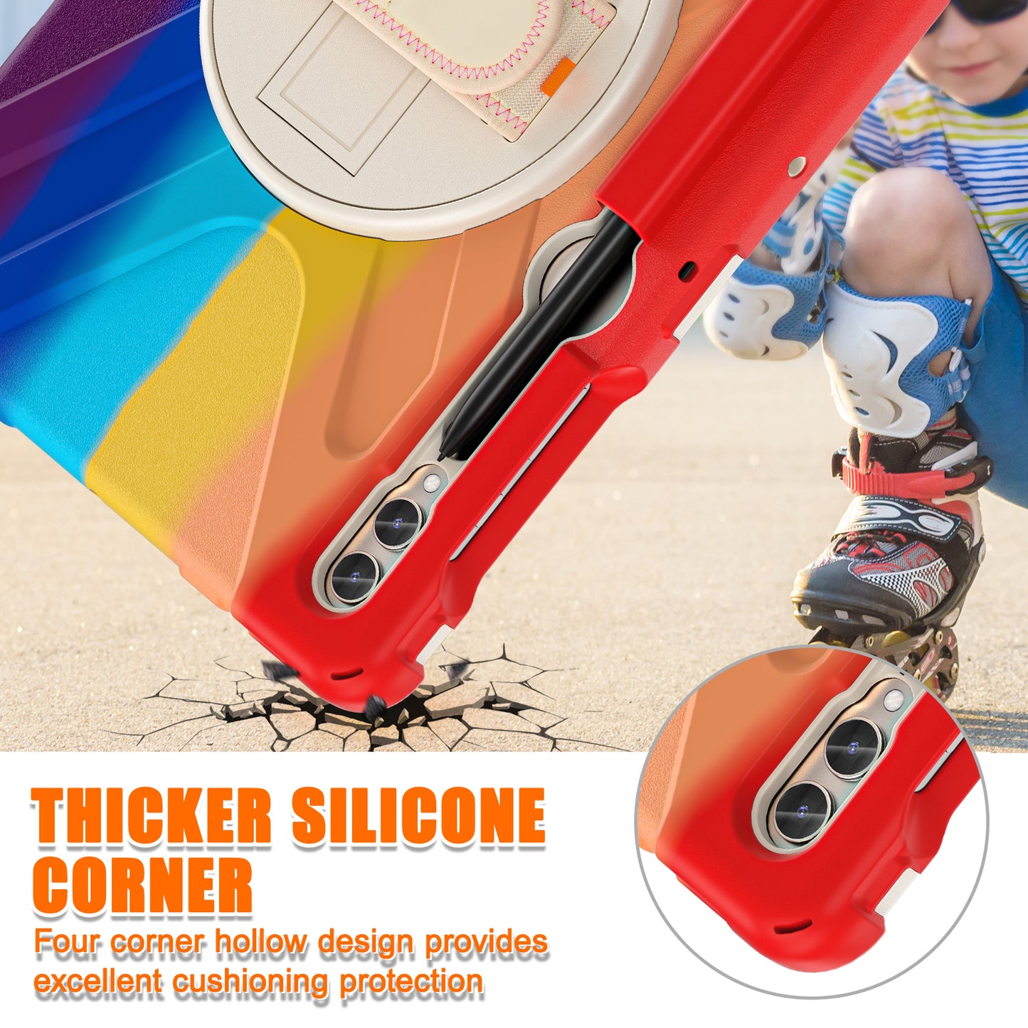 For Samsung Galaxy Tab S10+ X826 / S9 FE+ / S9+ / S8+ / S7+ Wrist Strap Tablet Case Anti-Scratch PC+Silicone Kickstand Cover - Colorful Red