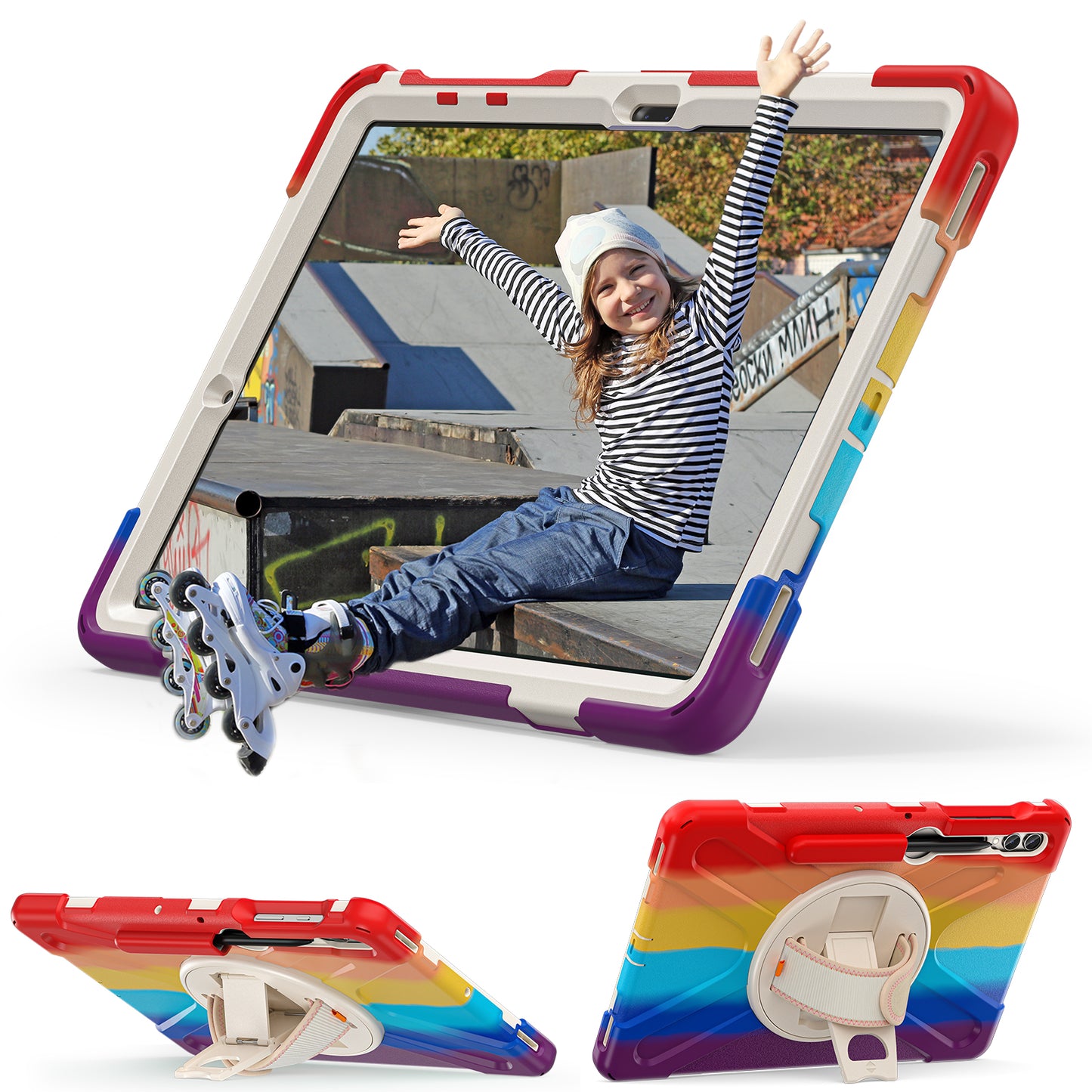 For Samsung Galaxy Tab S10+ X826 / S9 FE+ / S9+ / S8+ / S7+ Wrist Strap Tablet Case Anti-Scratch PC+Silicone Kickstand Cover - Colorful Red