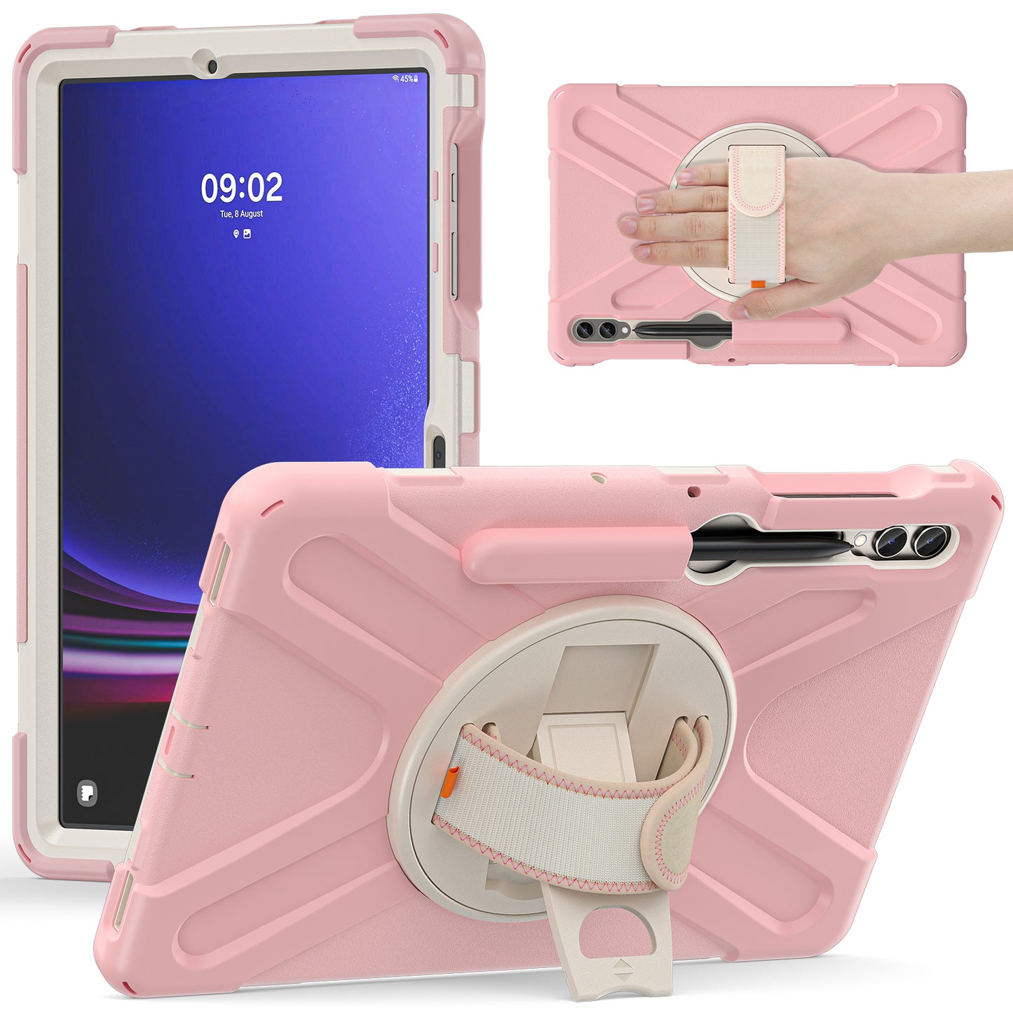 For Samsung Galaxy Tab S10+ X826 / S9 FE+ / S9+ / S8+ / S7 Wrist Strap Tablet Case Anti-Scratch PC+Silicone Kickstand Cover - Pink