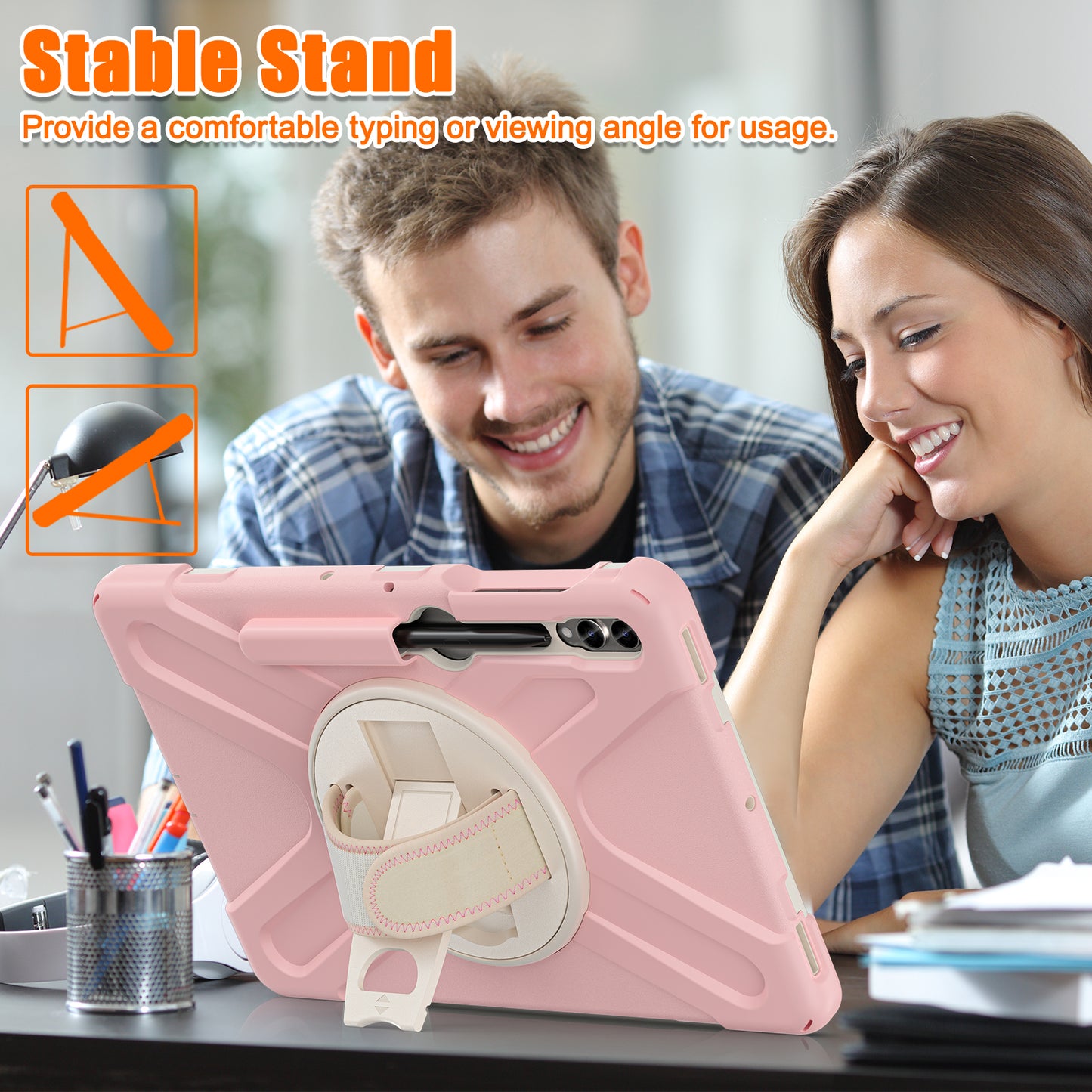 For Samsung Galaxy Tab S10+ X826 / S9 FE+ / S9+ / S8+ / S7 Wrist Strap Tablet Case Anti-Scratch PC+Silicone Kickstand Cover - Pink